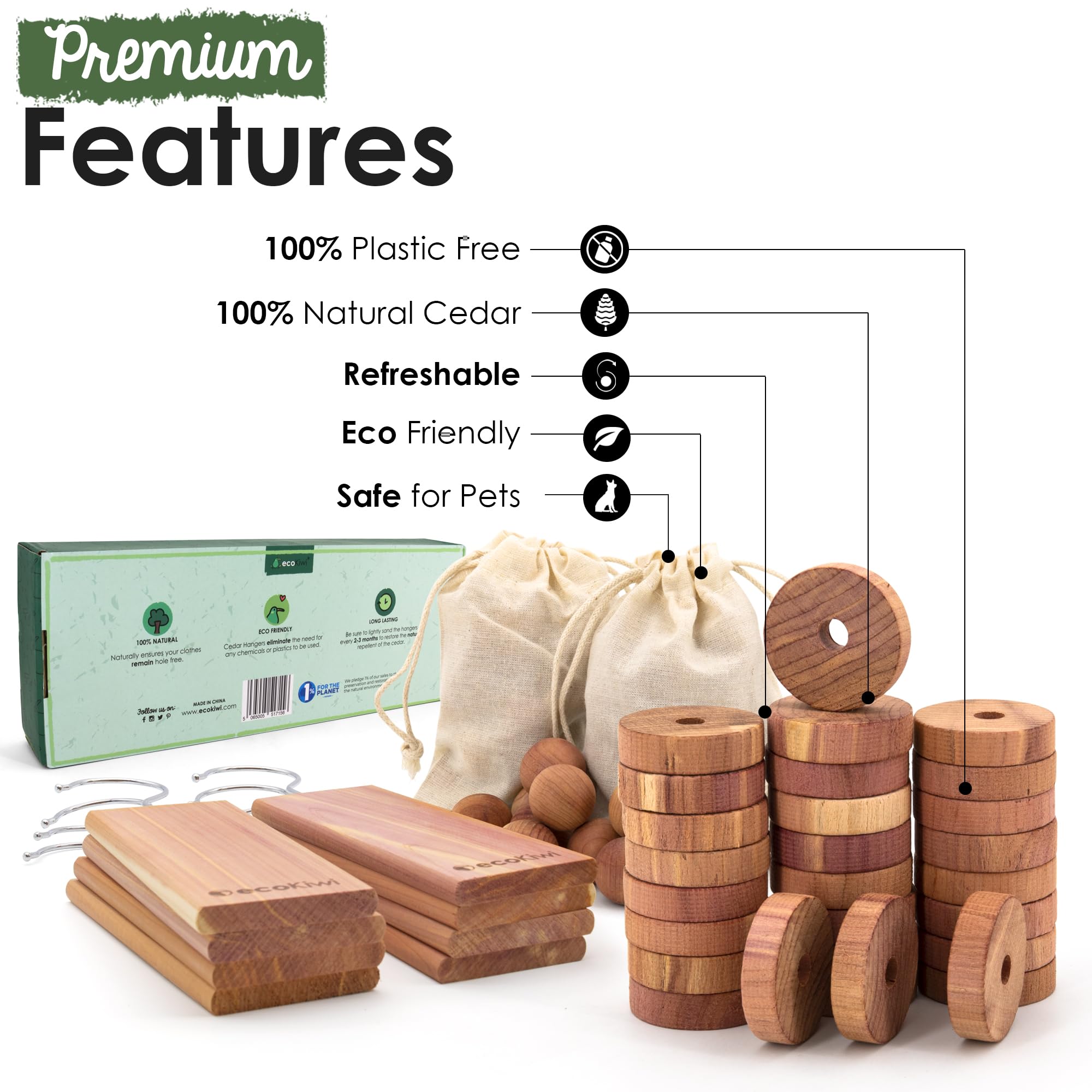 Ecokiwi Cedar Blocks For Clothes Storage Mega Bundle Box - Cedar Hangers X20, Balls X75 & Rings X55-100% Natural Oil Planks & Ch