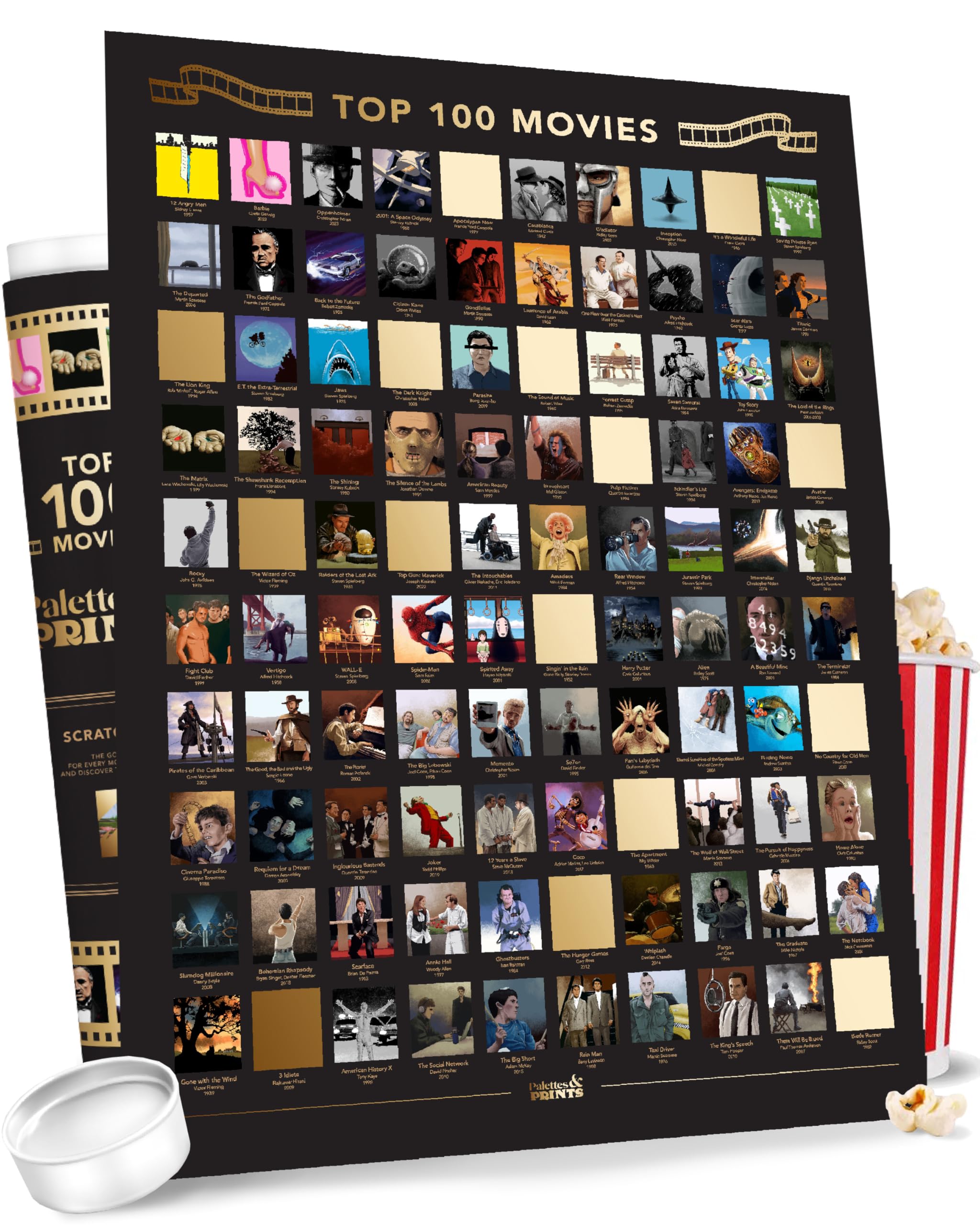 Premium Top 100 Movies Scratch Off Poster - Stunning Art By Hand With Movies From Top Databases - 16.5''X23.4'' Movie Bucket Lis