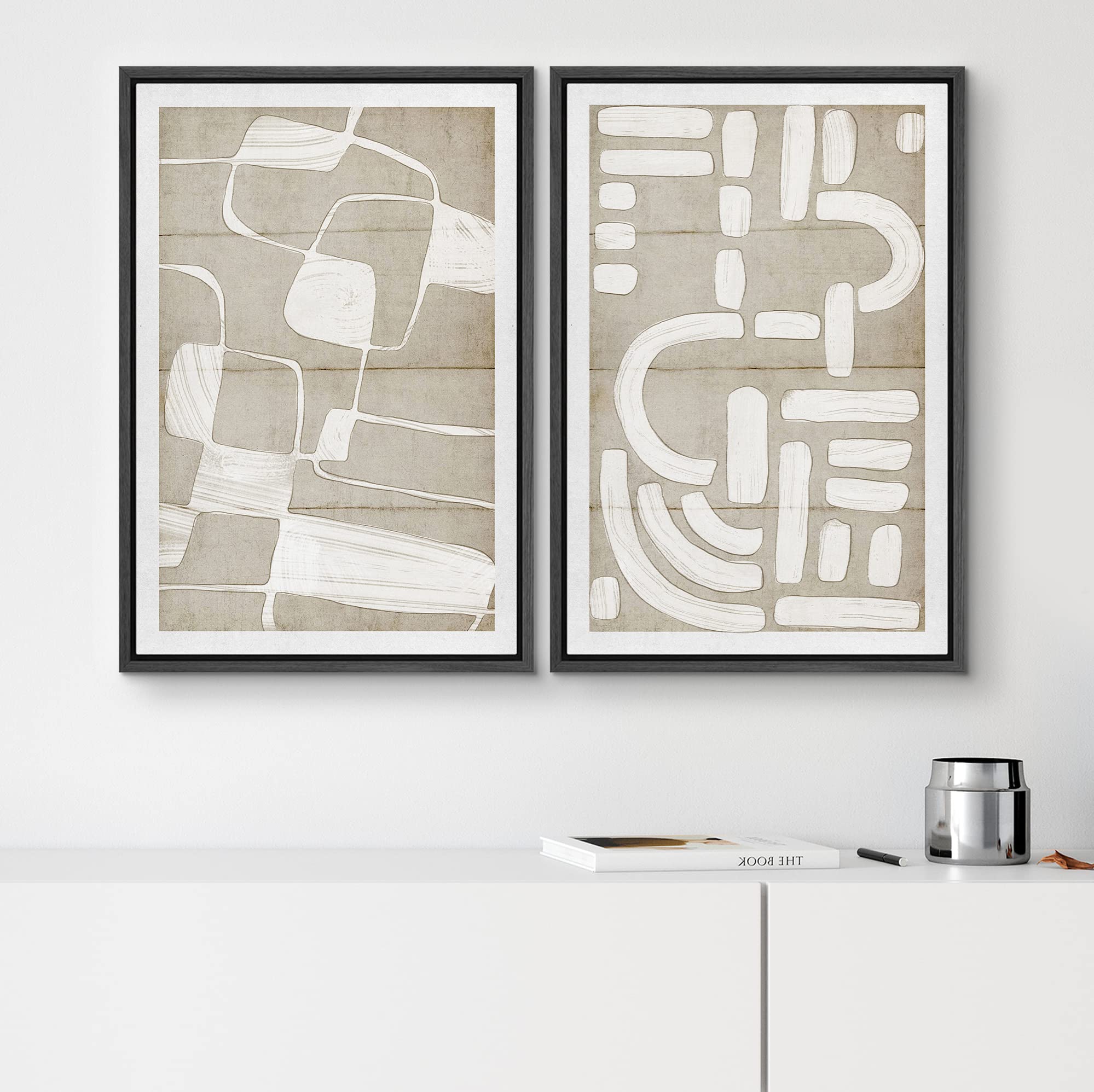 SIGNWIN Framed Canvas Print Wall Art Set White Tan Geometric Polygons Abstract Shapes Illustrations Minimalism Decorative Bohemian Relax/Zen for Living Room  Bedroom  Office - 16''x24''x2 Black