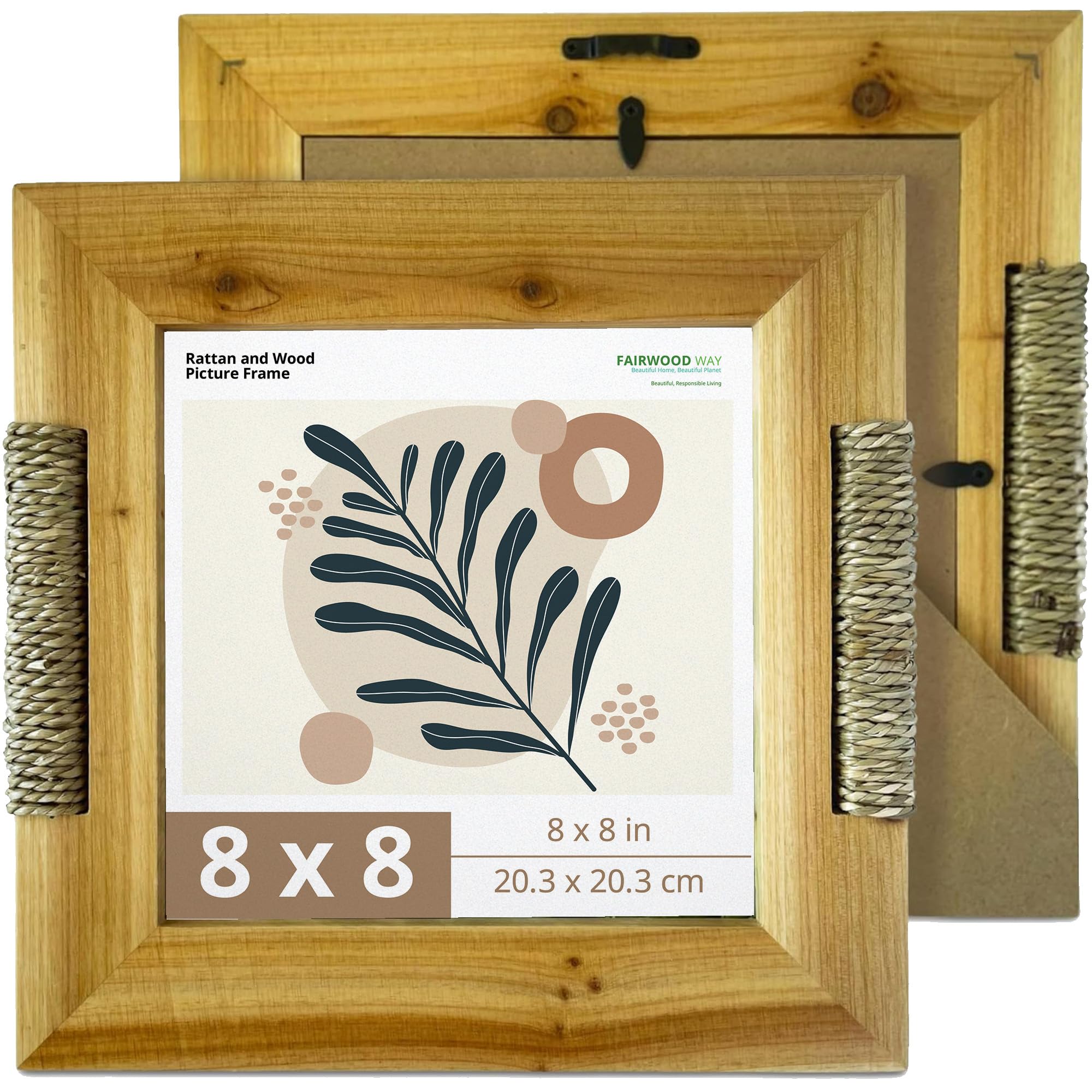 Fairwood Way - Rattan and Wood Picture Frame for 8x8 Inch Photo or Artwork - Boho, Coastal, or Beach Photo Frame, Wooden Decorat