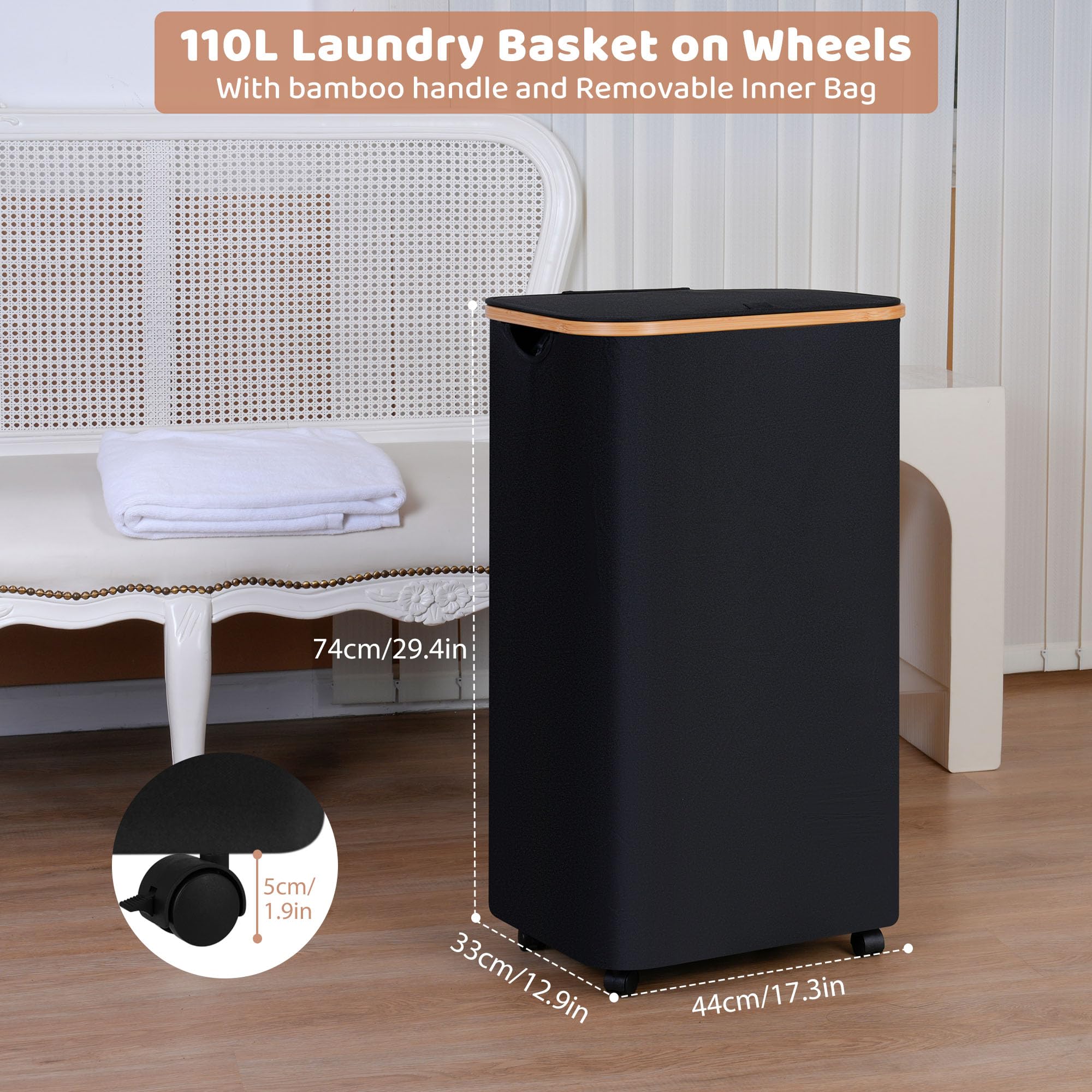 Iegrow 110L Laundry Basket With Wheels,Clothes Hamper For Laundry,Laundry Hamper With Lid And Inner Bag, For Laundry Room, Bedro