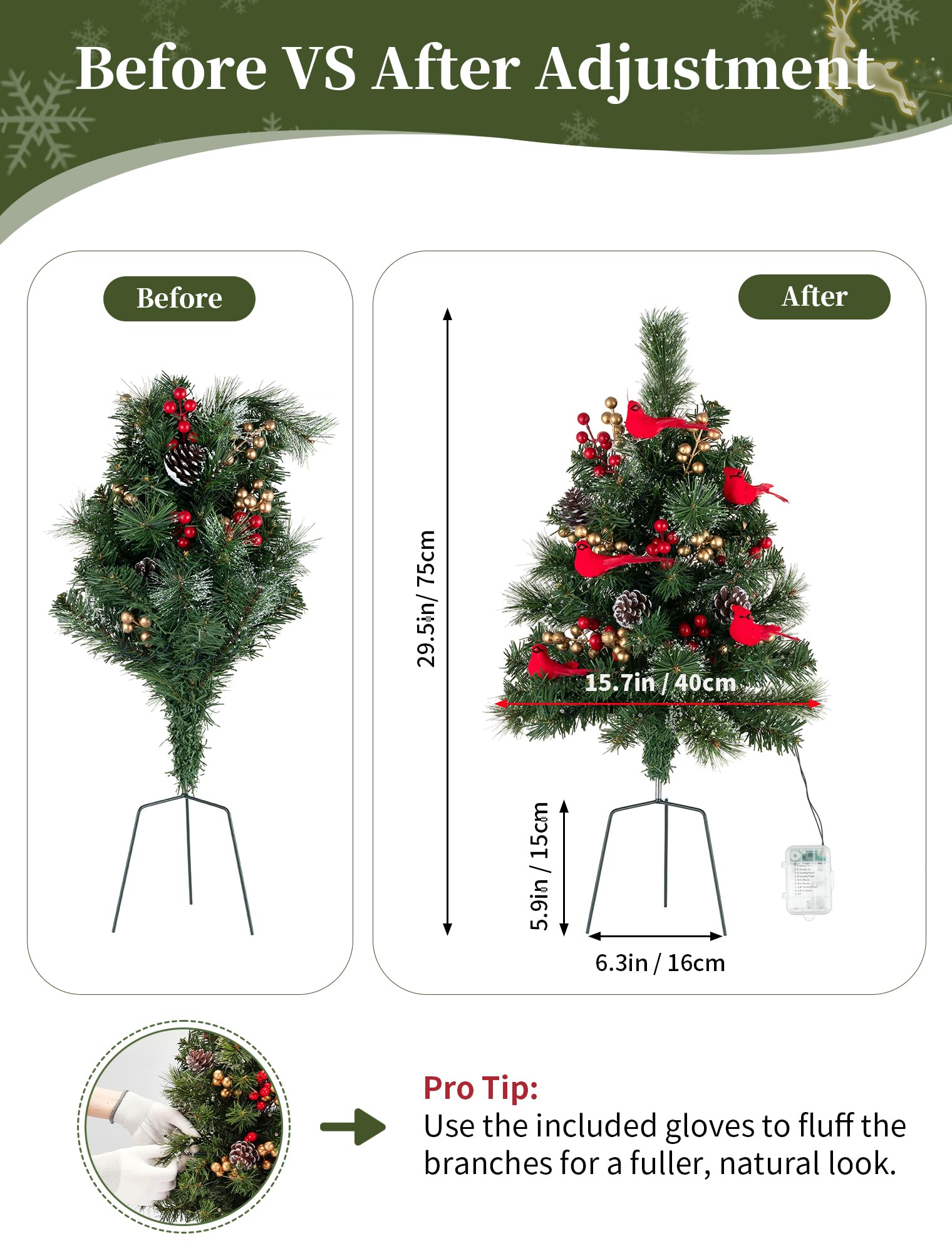 BLOSMON Outdoor Christmas Tree for Porch: 2 Sets 24 Inch Timer Prelit Planter Bushes with 10 Red Cardinals - Remote 60 Lights 8