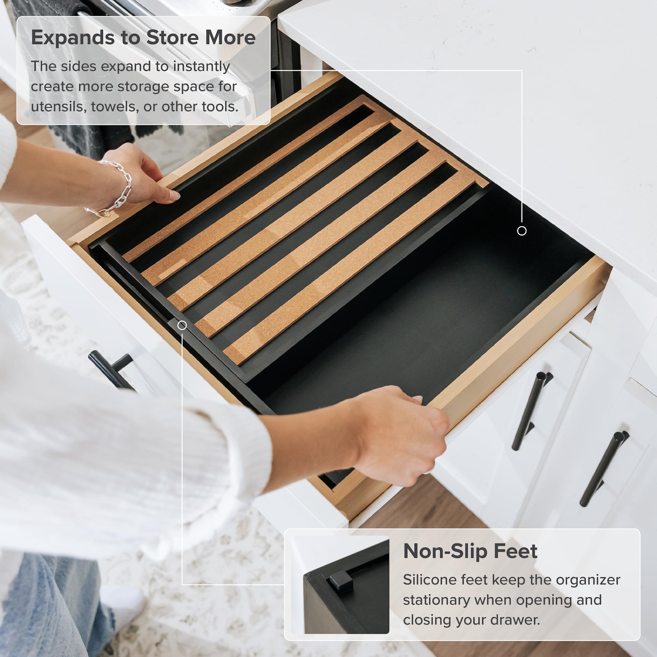 Kitchenedge Spice Drawer Organizer With Expandable Storage. Holds Up To 15 Spice Jars (Not Included), Non-Slip Feet, Kitchen Acc