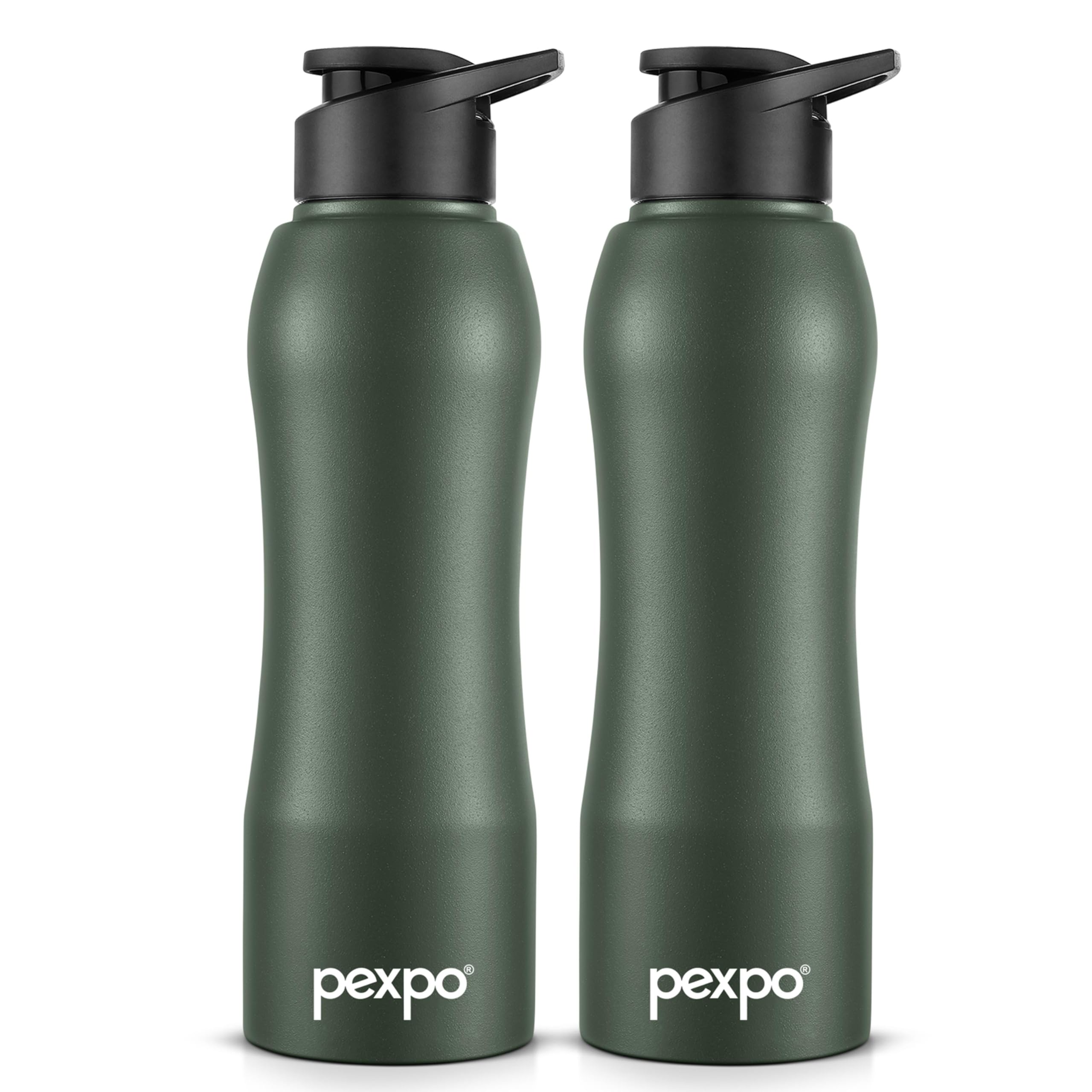 Pexpo Bistro Isi Certified Stainless Steel Fridge/Sports Sipper Water Bottle 1 Litre, Military Green, Pack Of 2|Single Wall|Easy