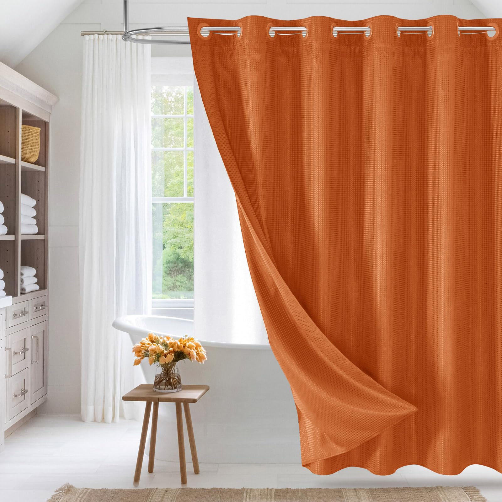 Mitovilla No Hooks Needed Extra Long Shower Curtain Set With Snap-In Liner, Orange 86 Inch Xl Heavyweight Waffle Fabric Cloth Sh