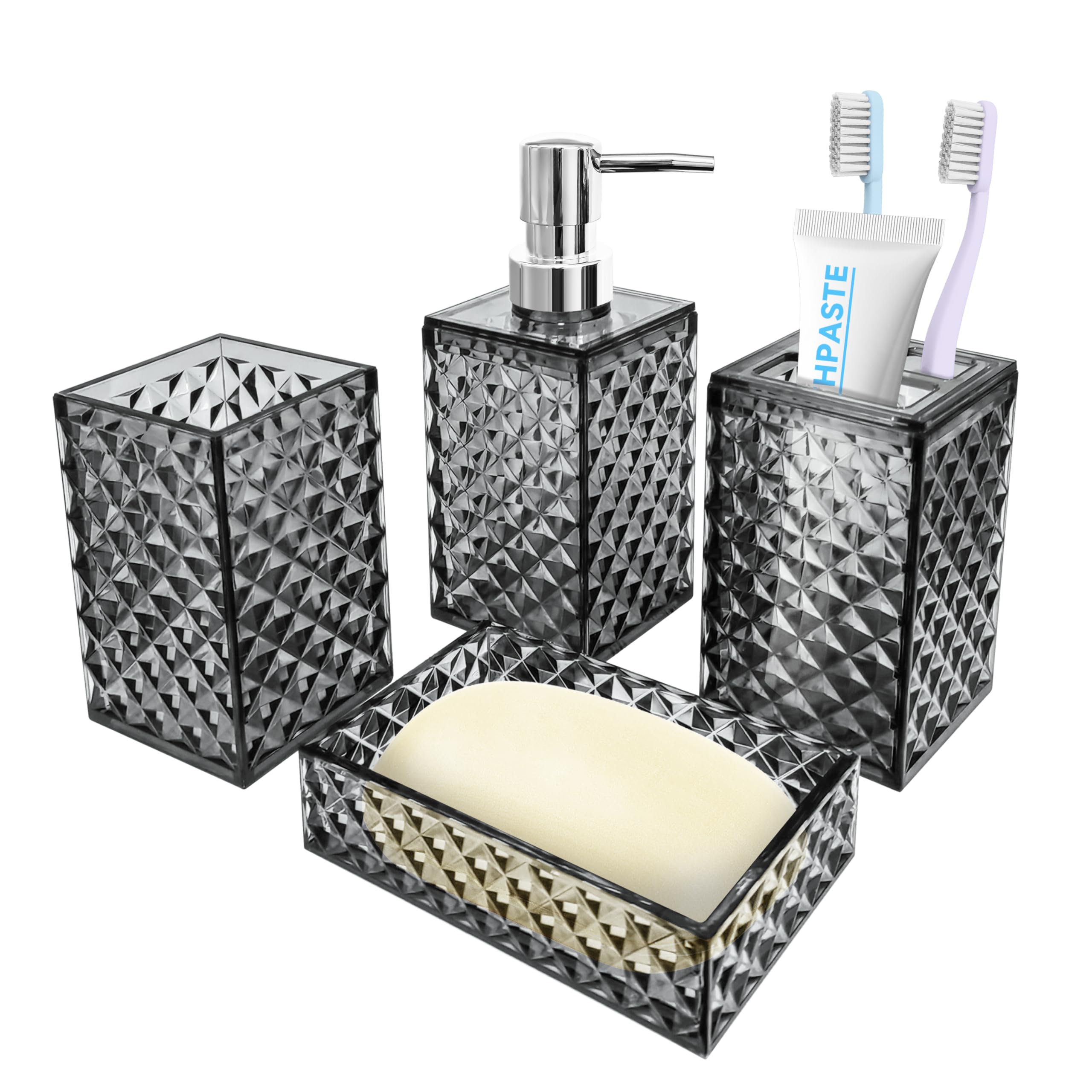 Seeatoo Bathroom Accessory Set, 4 Pcs Grey Bathroom Accessories Set, Soap Dispenser And Toothbrush Holder Set, Soap Dish And Mou