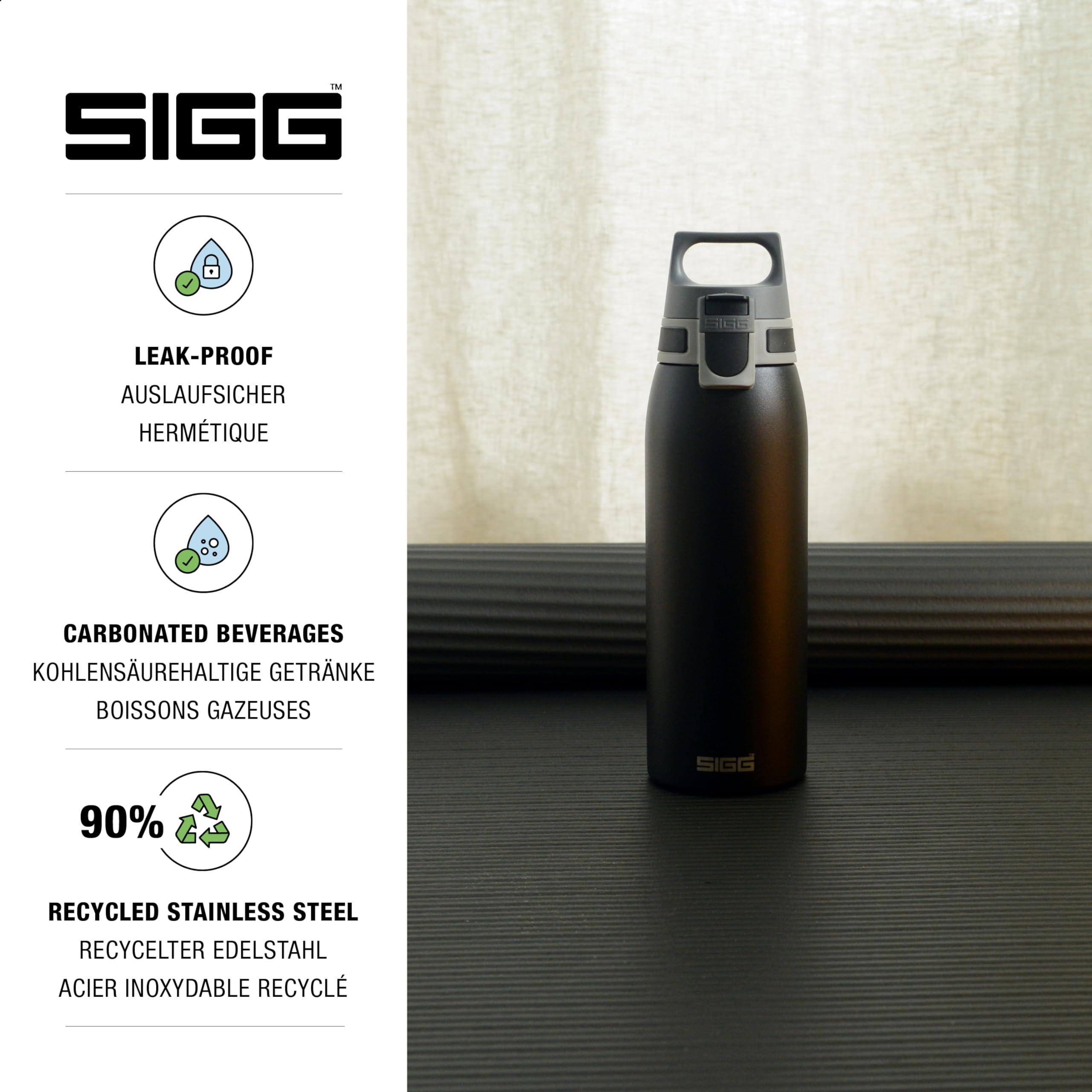 SIGG - Reusable Water Bottle - Shield ONE - Leakproof - Recyclable - BPA Free - Black - 34 Oz