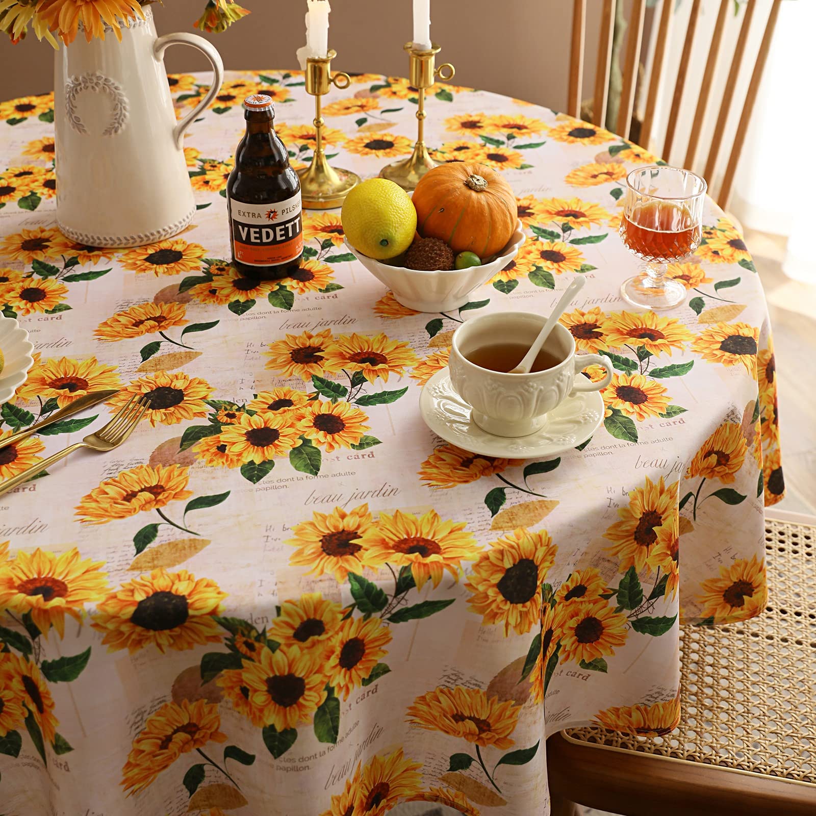 Joyfol Day Sunflower Tablecloth,Orange Floral Table Cloth For Round Tables,Waterproof Resistant Flower Table Cover For Kitchen D