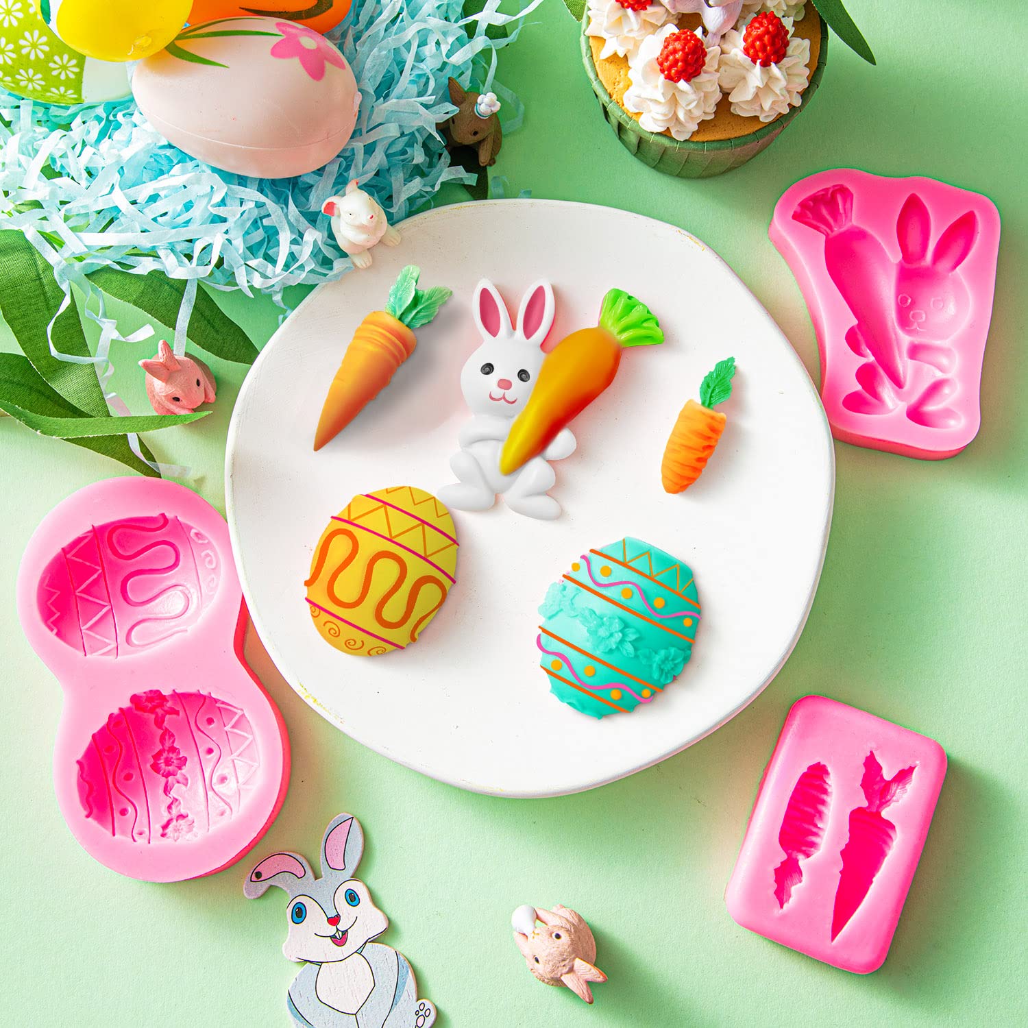 3 Pcs Easter Fondant Silicone Mold, Egg Bunny Rabbit Ears Carrot Chocolate Candy Mold, Diy Baking Tools For Baking Wedding Party