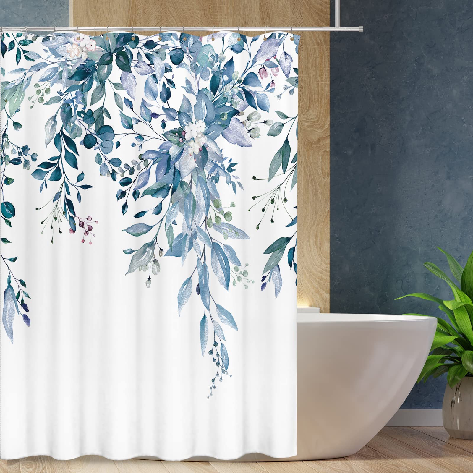 Tititex Blue Eucalyptus Leaves Shower Curtain Sets, Watercolor Leaves On The Top Plant With Floral Bathroom Decoration 60X72 Inc