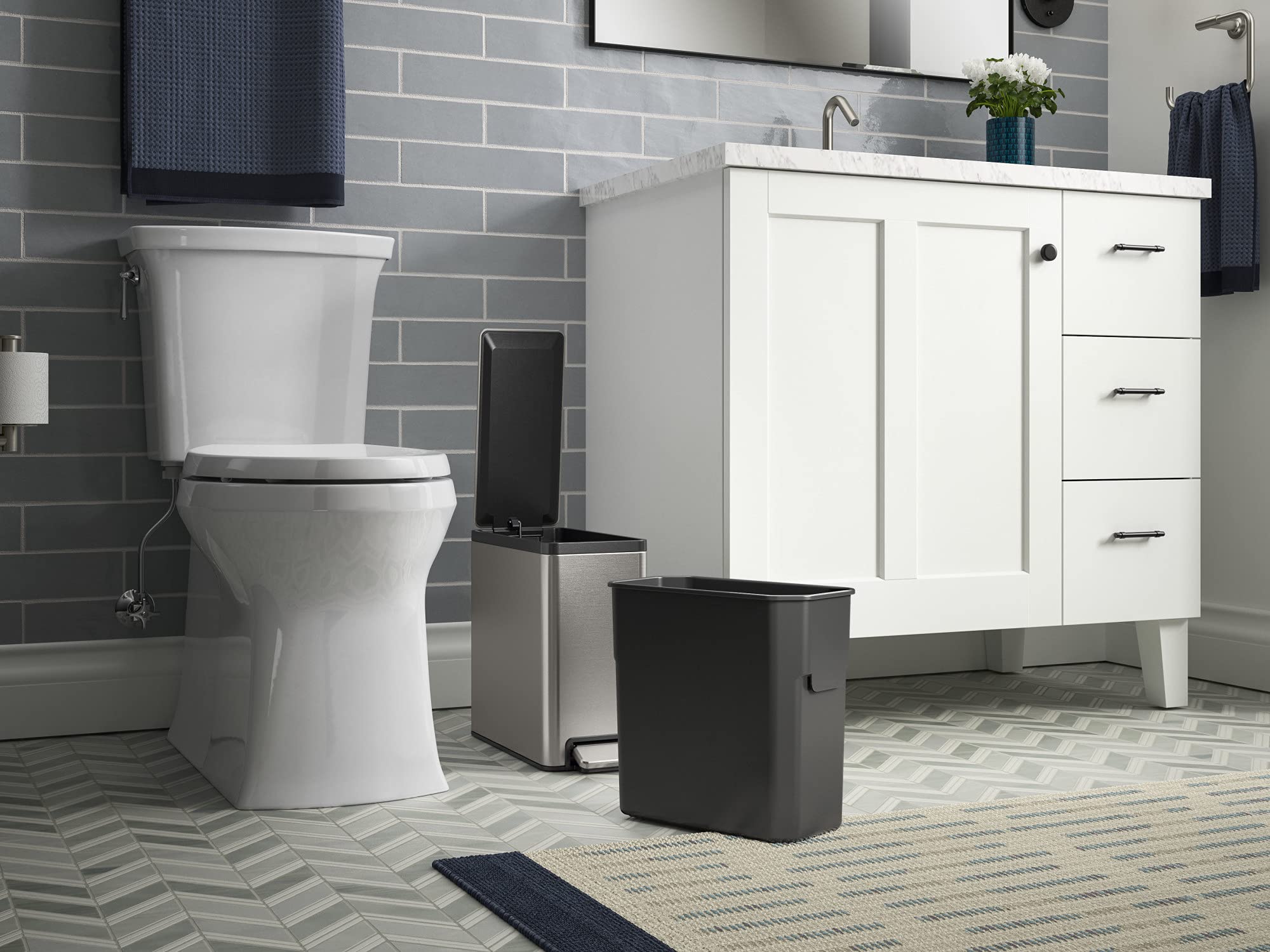 Kohler 20957-St Bathroom, 2.5 Gallon Small Trash Can With Quiet-Close Lid And Hand Free Foot Pedal, Stainless Steel