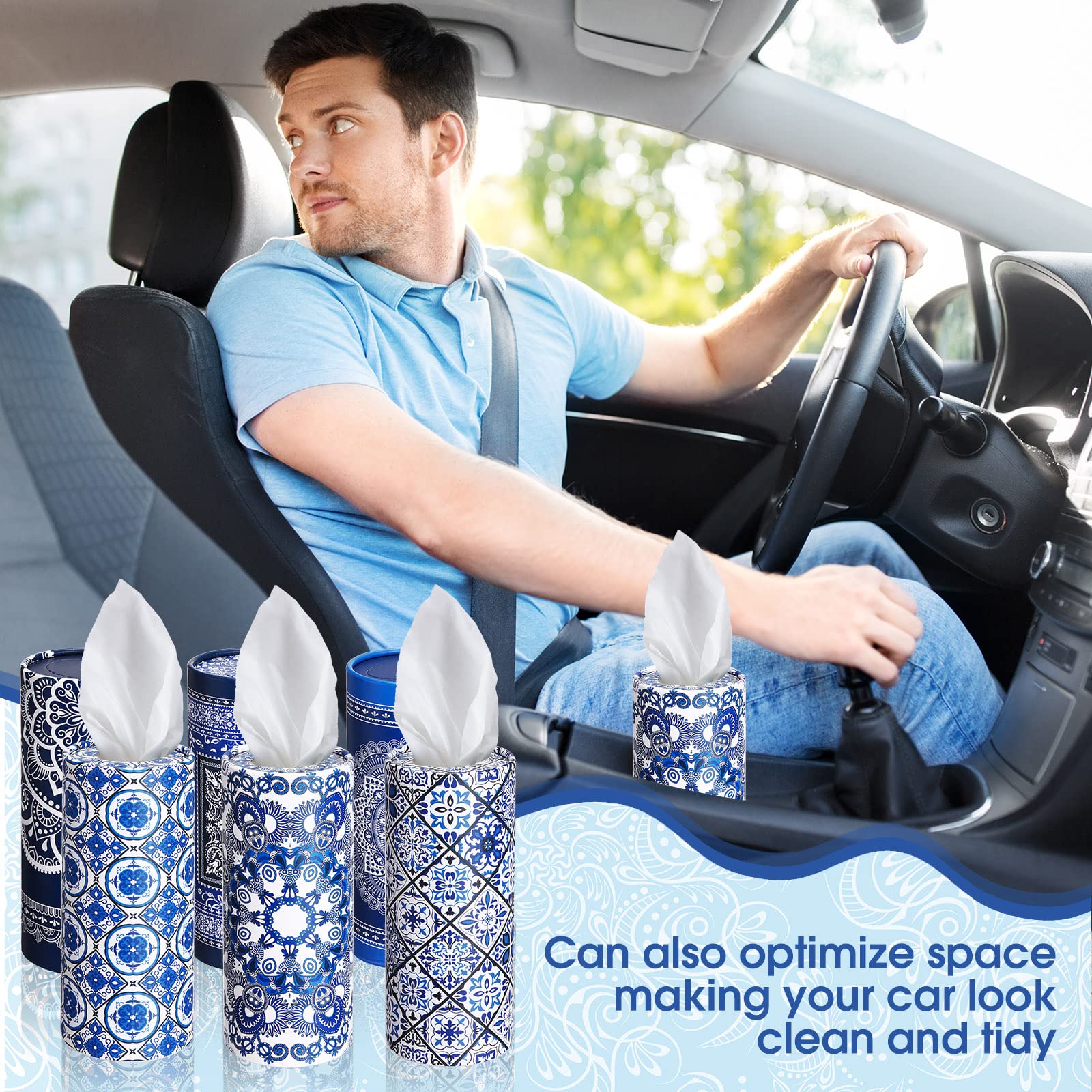 Outus 12 Pieces Mandala Car Tissues Box Bulk Car Tissues Cylinder With Facial Tissue Round Car Tissue Holder For Car Tissues Box