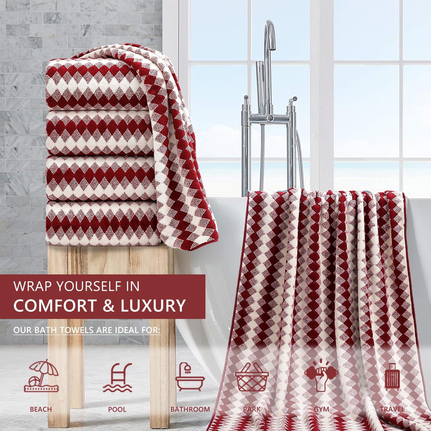 4 Piece Bath Towel Set Oversized Bath Sheet 35"x70" Bathroom Towel Extra Large Towel Set Soft Highly Absorbent & Quick Dry Premium Bath Sheet for Bathroom 600GSM Shower Towel Spa Gym Hotel,Burgundy