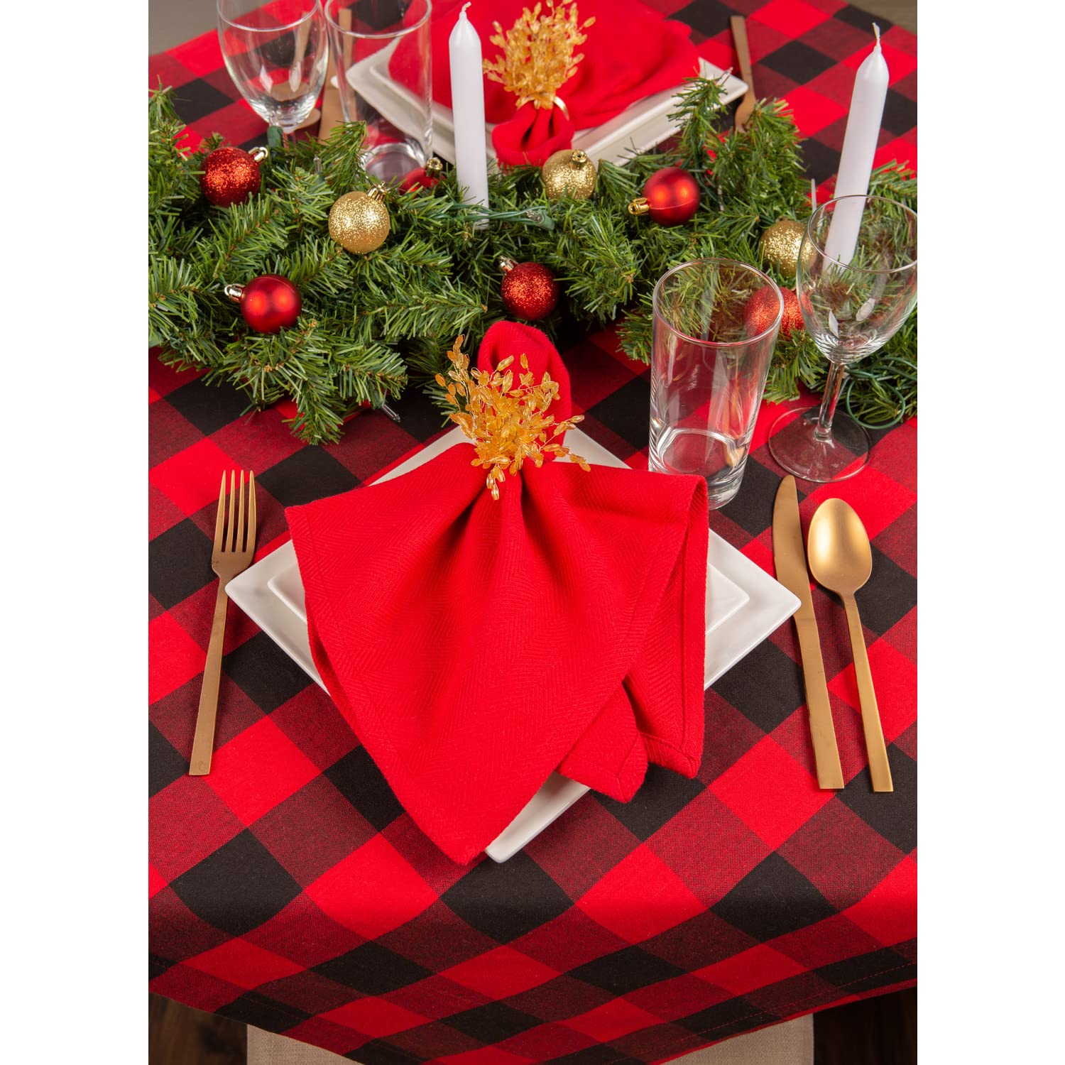 Dii Buffalo Check Collection, Classic Farmhouse Tablecloth, Table Topper, 40X40, Red & Black