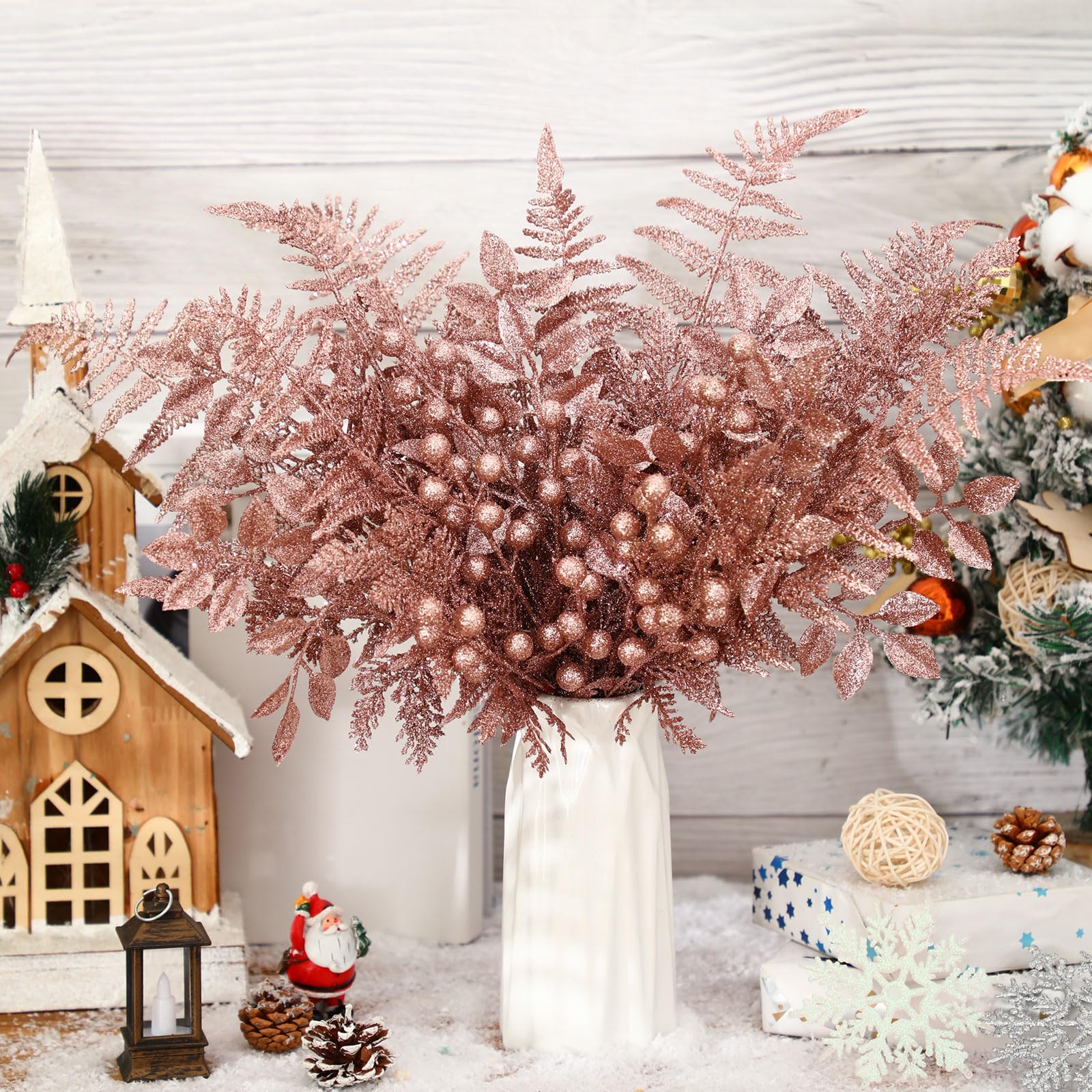 Moucuny 40 Pcs Christmas Glitter Artificial Picks Set Christmas Leaf Sprays Cedar Picks Glitter Berries Stems Tropical Leaf Pine