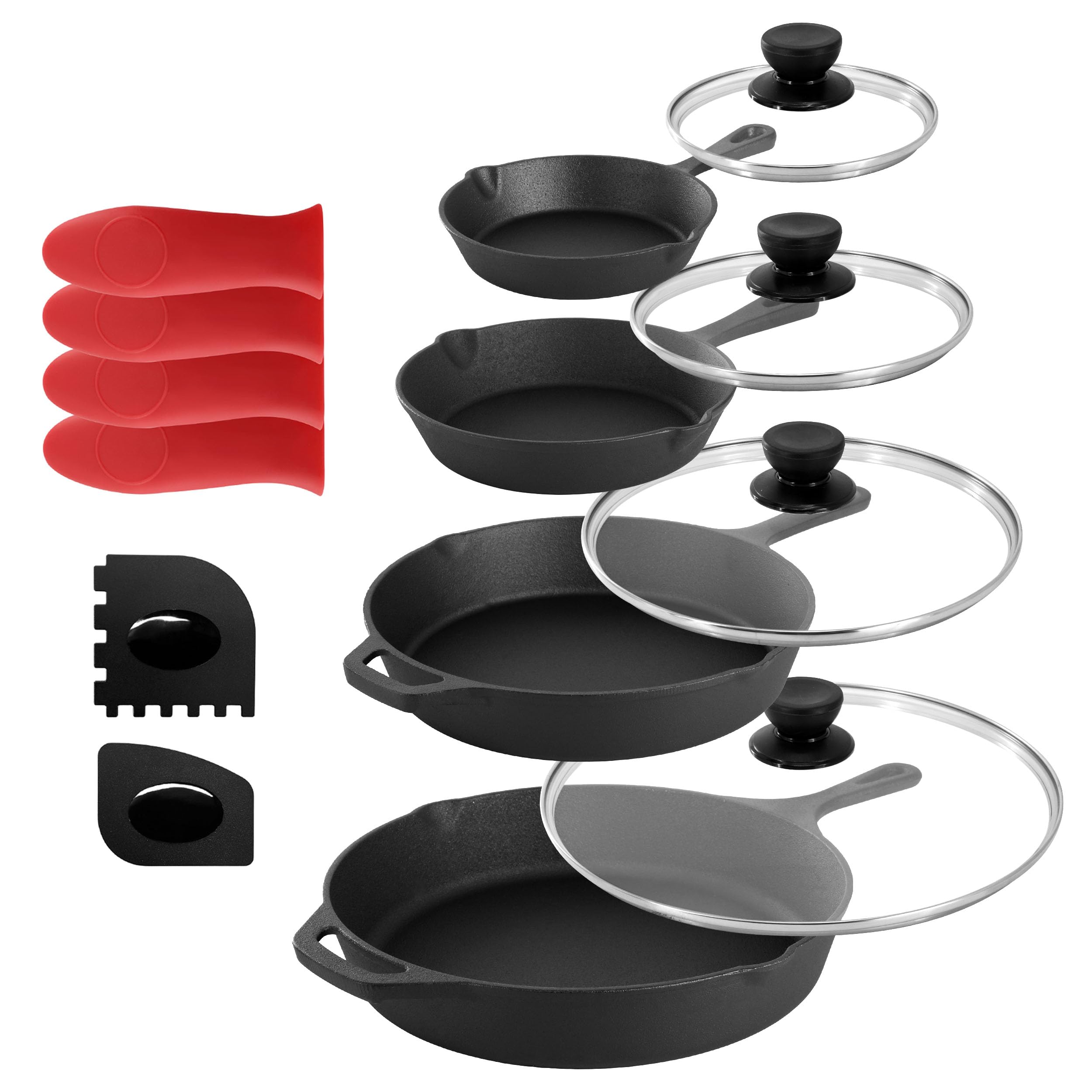 MegaChef 13 Piece PreSeasoned Cast Iron Skillet Set with Temperd Glass Lids and Silicone Holders