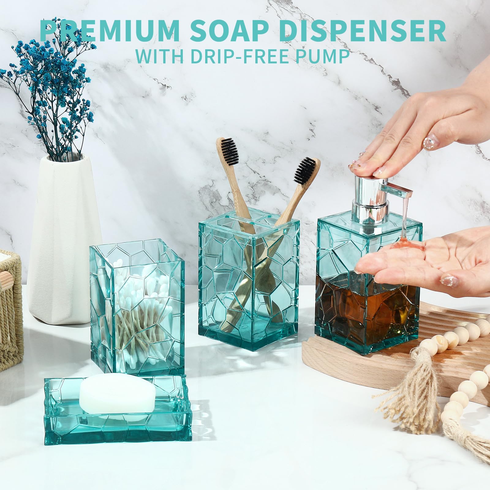 Gahefy Teal Blue Beach Bathroom Accessories Set With Toothbrush Holder, Soap Dispenser, Tumbler, Soap Dish, Turquoise Bathroom D