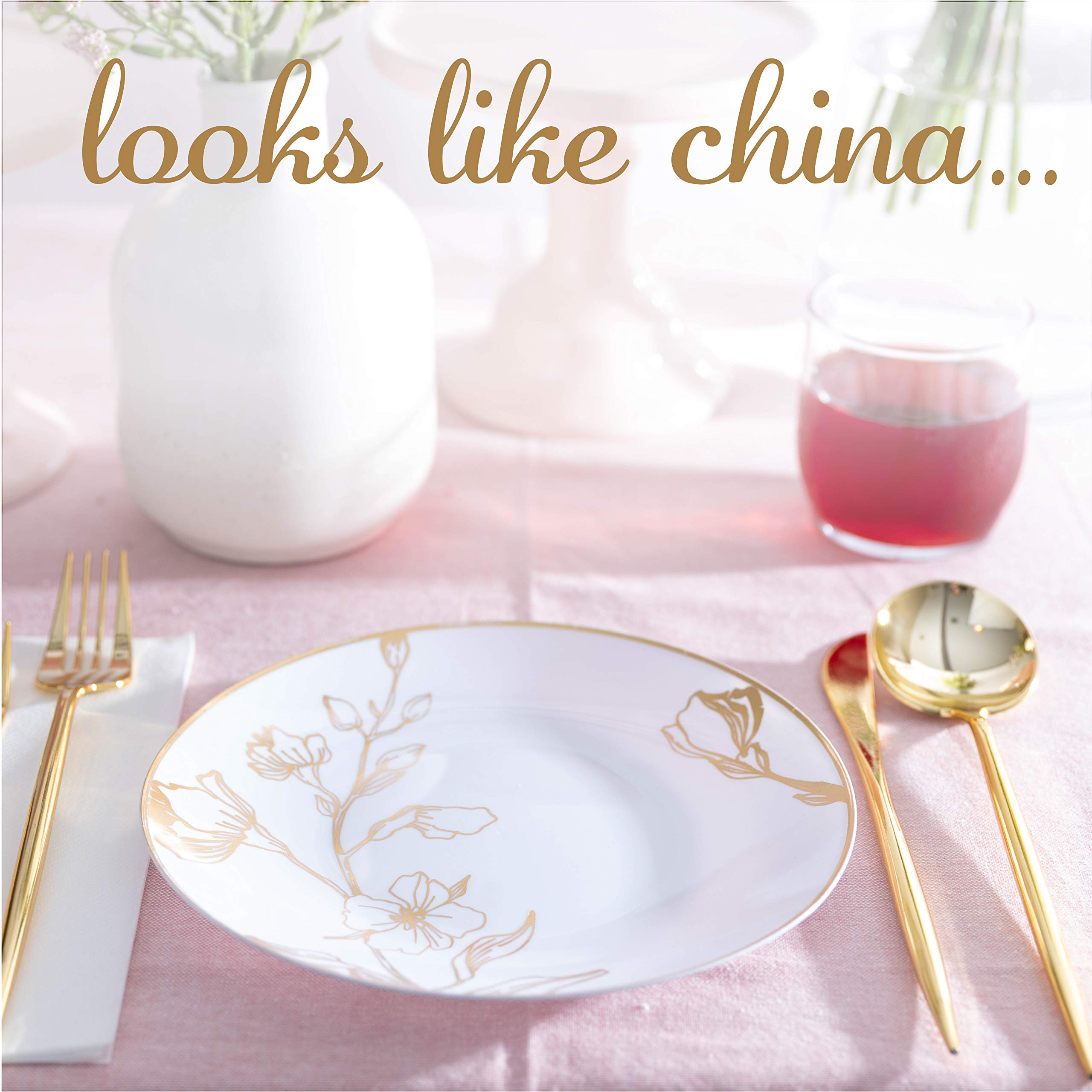 Plasticpro White Plastic Floral Design Party Plates With Gold Rim Premium Heavyweight Elegant Disposable Tableware Dishes (120,