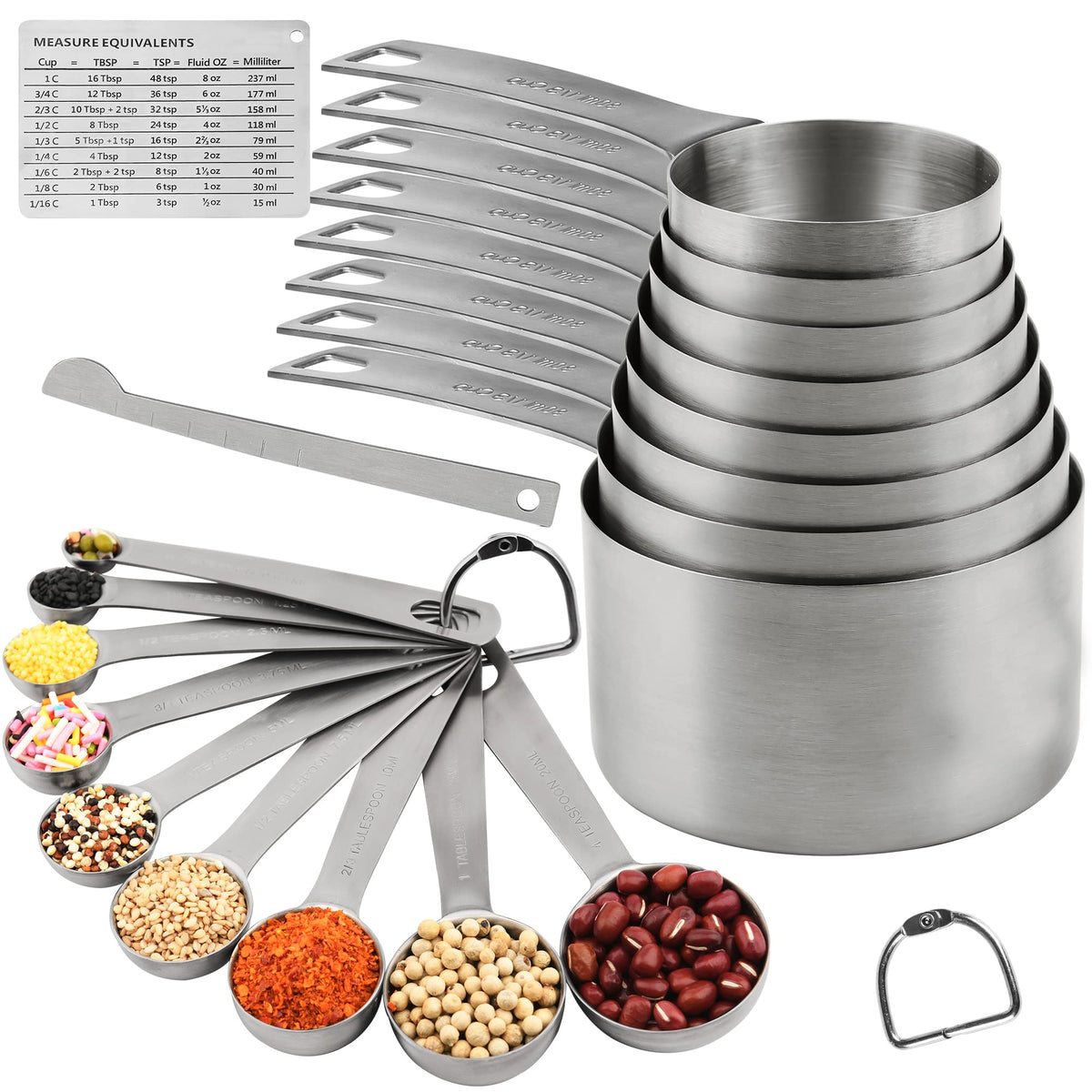 Zoyizi Measuring Cups Set 19, 18/8 (304) Stainless Steel Measuring Cups And Spoons Set, Metal Measuring Cups & Spoons & Leveler&