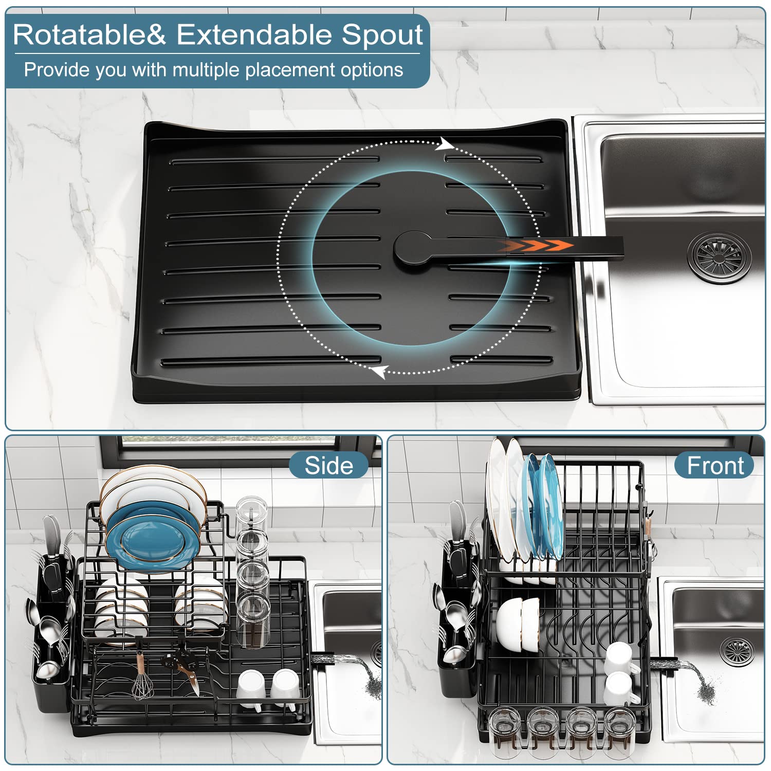 Doitsf 2 Tier Dish Drying Rack - Large Stainless Steel, Black, with Drainboard & Utensil Holders, Model DO001