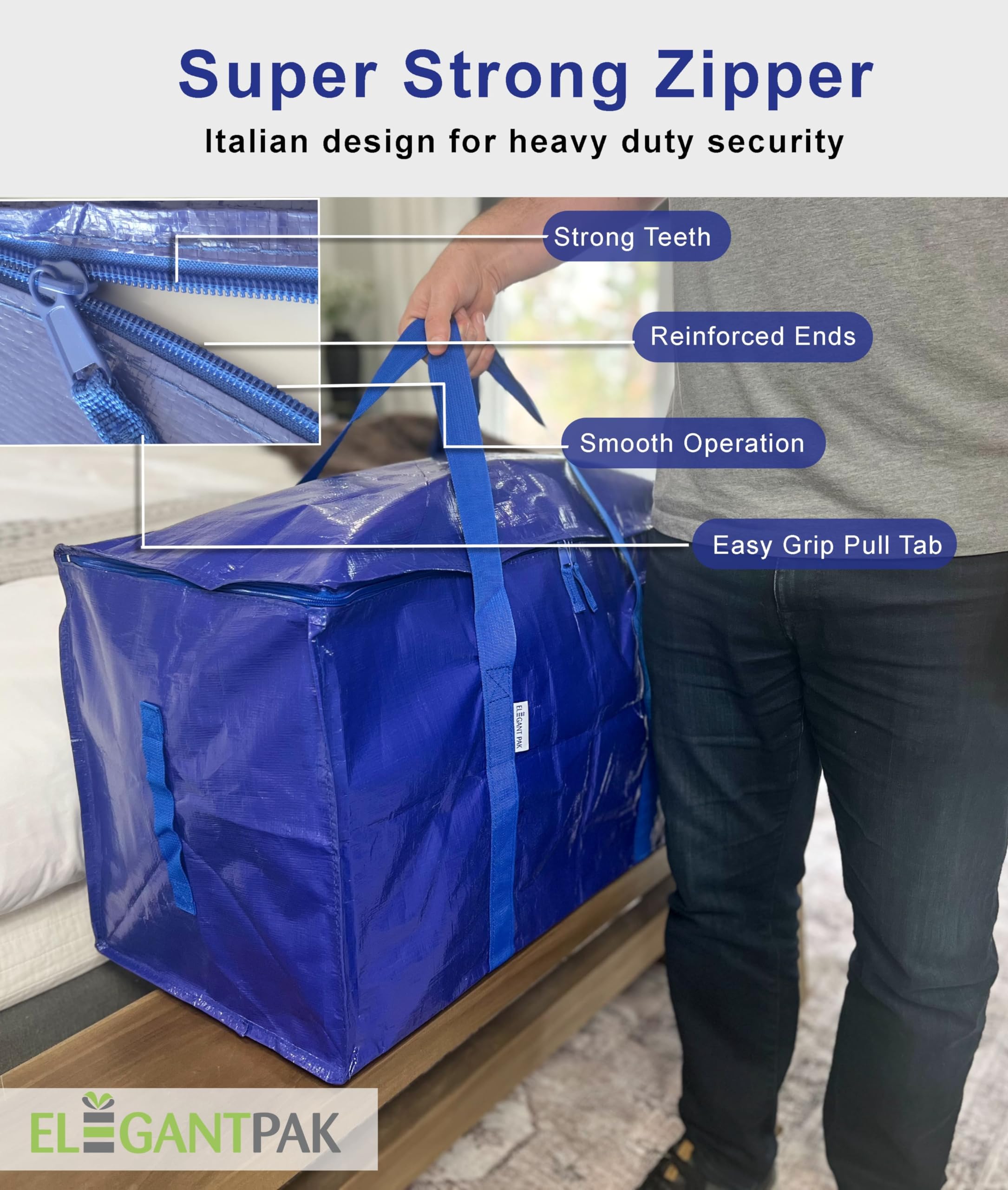 Elegantpak 6 Pack Extra Large Heavy-Duty Moving Bags With Carrying Handles & Zippers, Storage Tote For Space Saving, Folds Flat