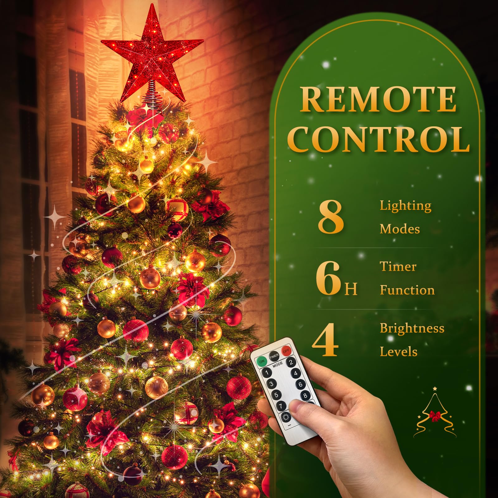 Red Christmas Tree Star Topper with Lights, 8.5-Inch Light-Up Christmas Tree Topper with Remote Control, 4 Brightness Levels & 8