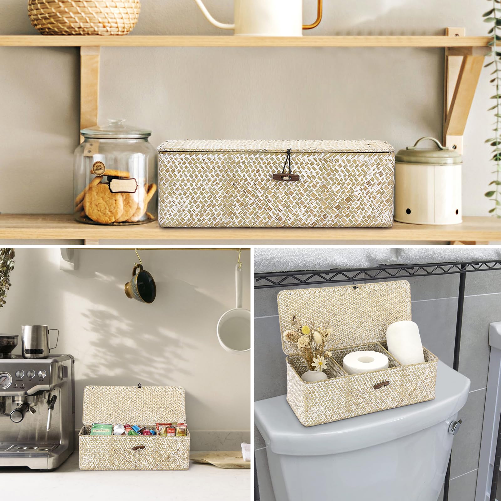 Hipiwe Seagrass Storage Basket - Hand-Woven Wicker Bins, Medium Size, Whitewash, 3 Sections with Lid for Organizing Bathroom Essentials
