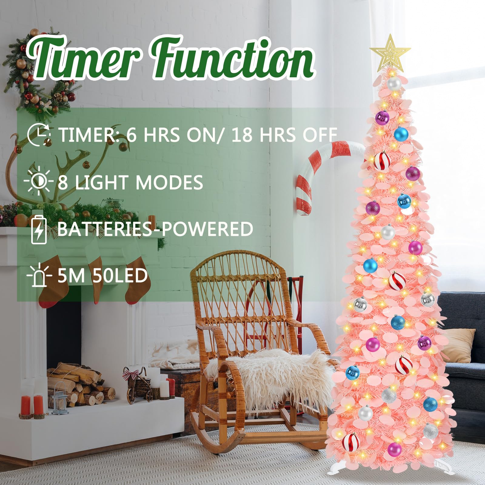 SINTENILL 5 FT Pop Up Christmas Tree with Timer Lights and Decorations, Pink Artificial Tinsel Christmas Tree with 24 Ball Ornam
