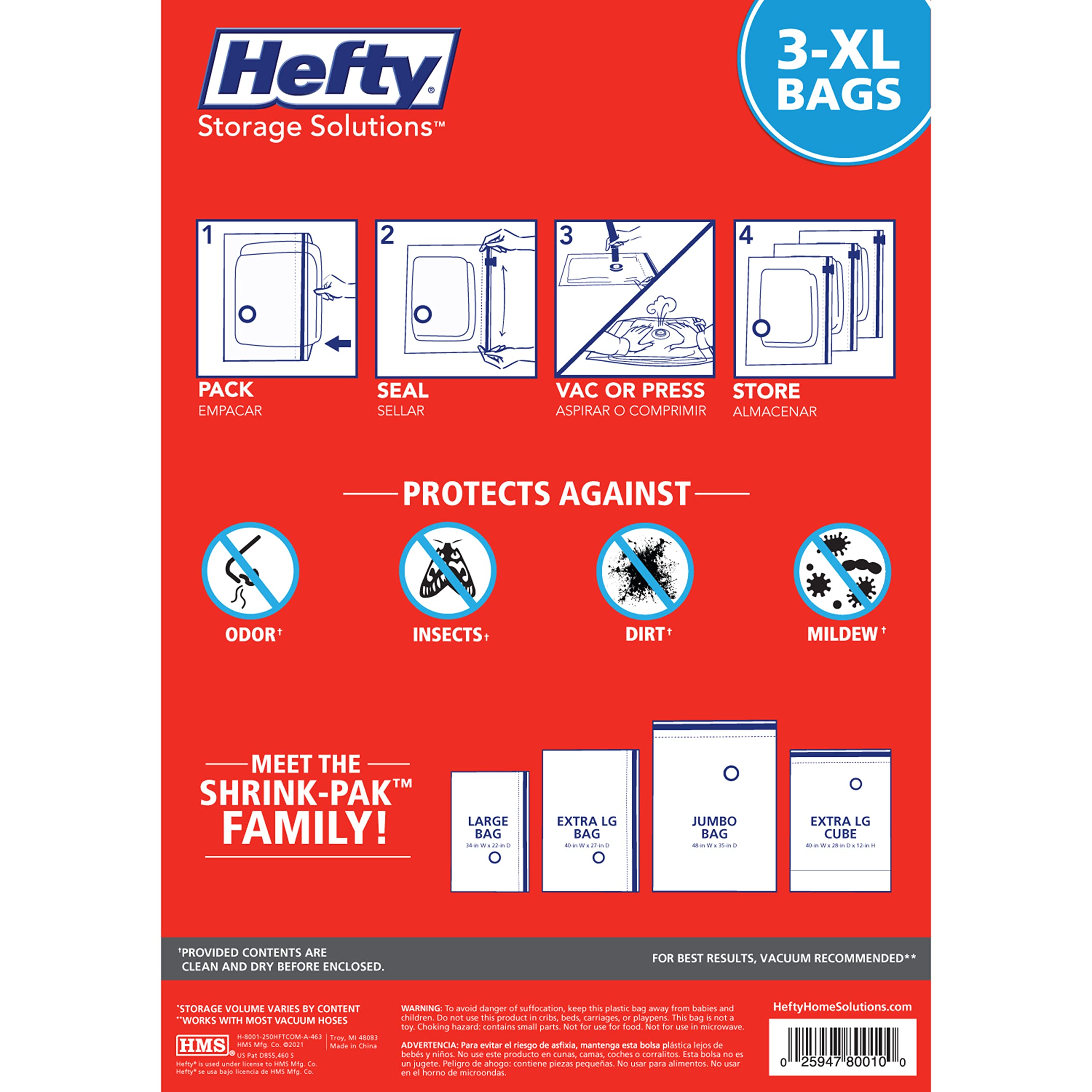 Hefty Shrink-Pak - 3 Extra Large Vacuum Storage Bags For Storage For Clothes, Pillows, Towels, Or Blankets - Space Saver Vacuum