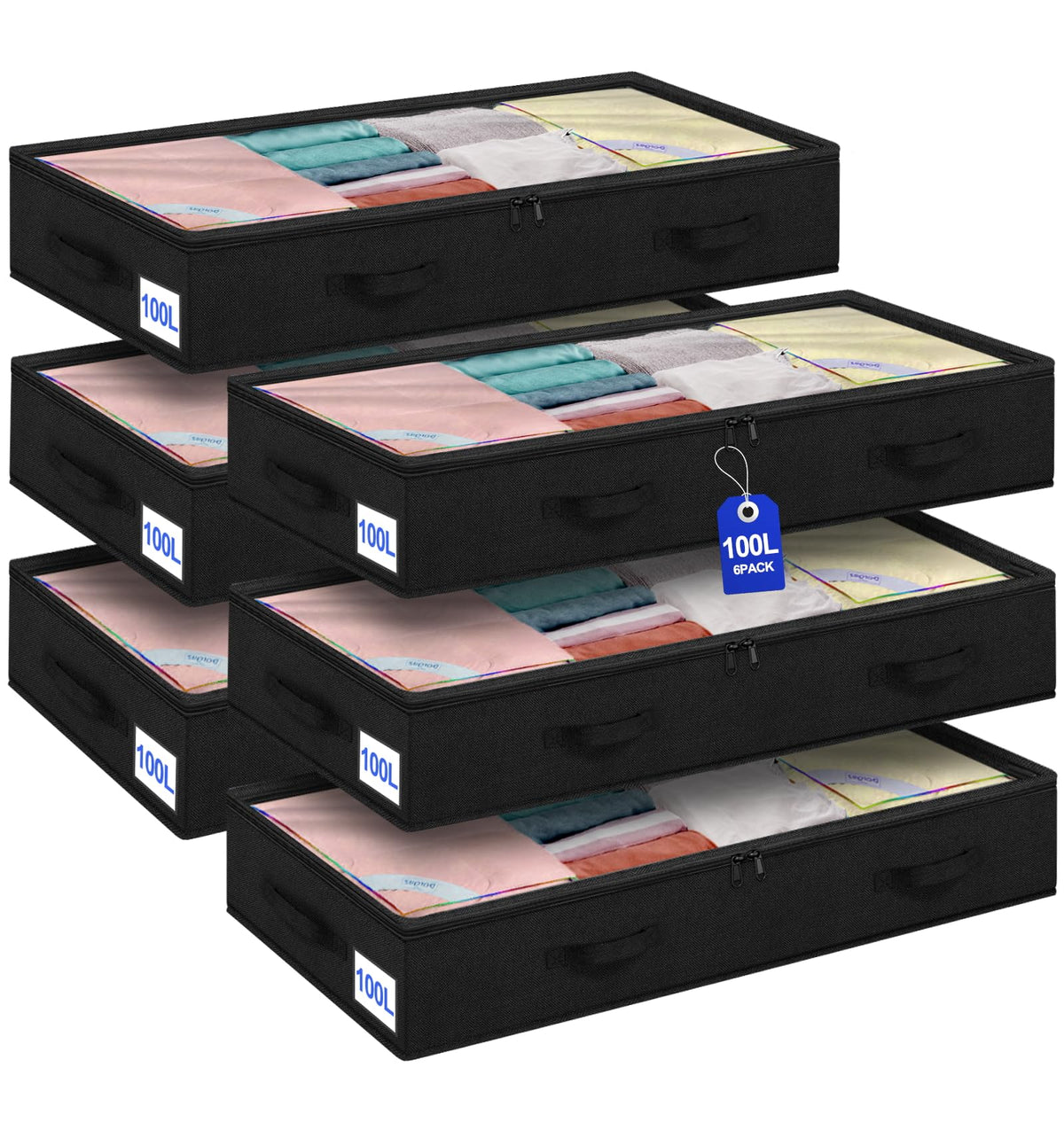punemi Extra Large Under Bed Storage Containers Bins 7.5 inch Tall, 6Pcs 100L Underbed Clothes Storage - No Structure - Foldable