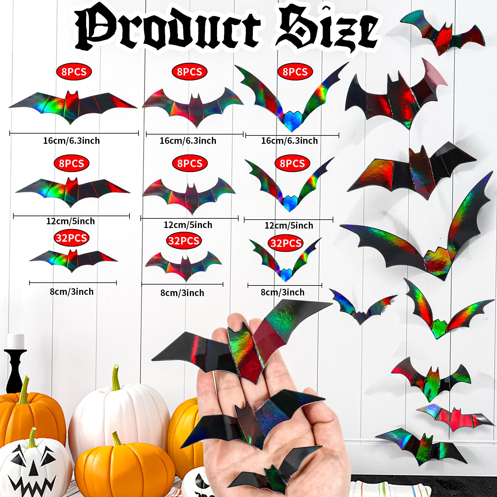 KIMOBER 144pcs Halloween Bats Wall Decor Iridescent Holographic Paper 3D Bat Wall Decal Stickers for Halloween Party Supplies