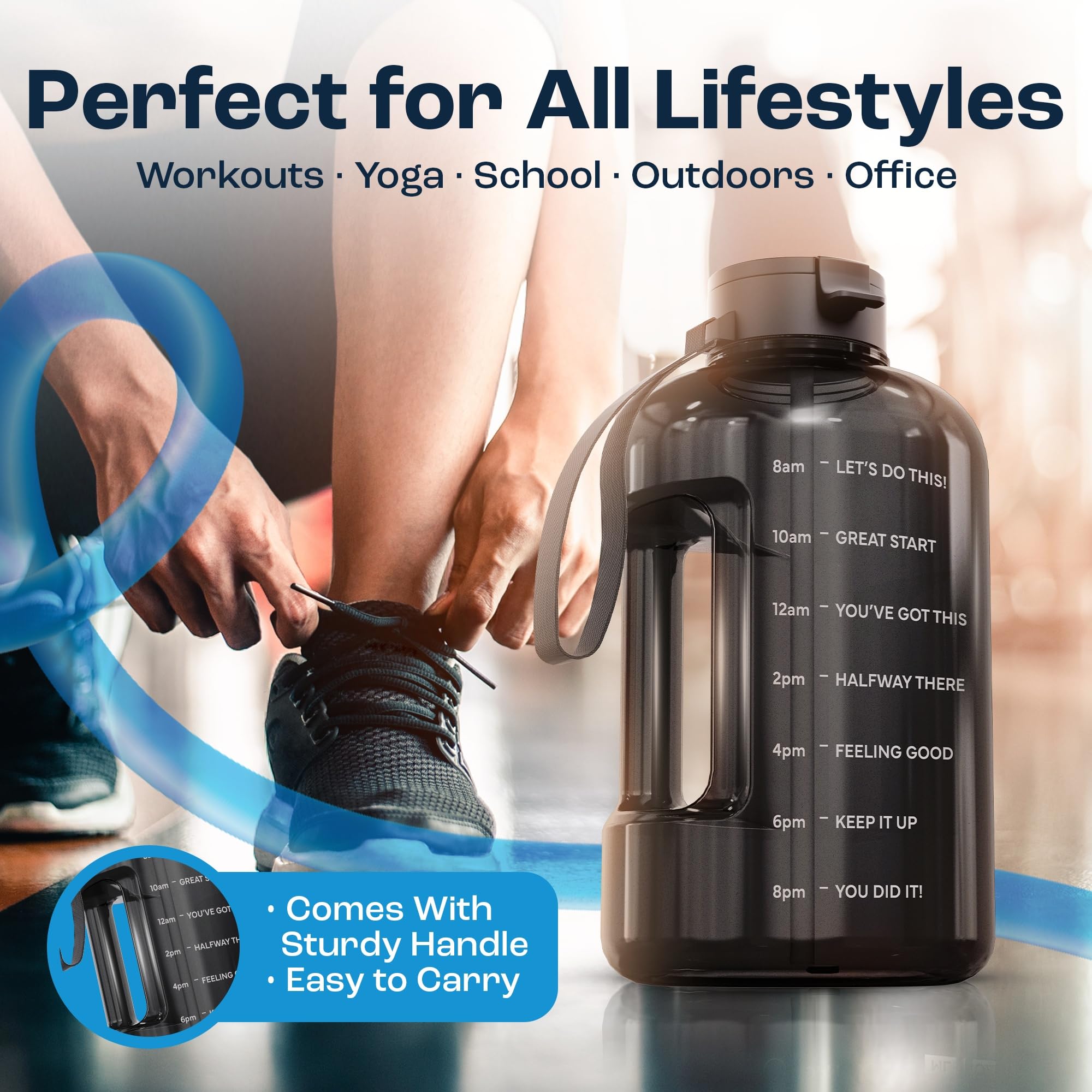 AQUAFIT 1 Gallon Water Bottle with Straw - Motivational Gray Gym Jug - 128 oz Silicone Sports Water Bottle with Time Marker
