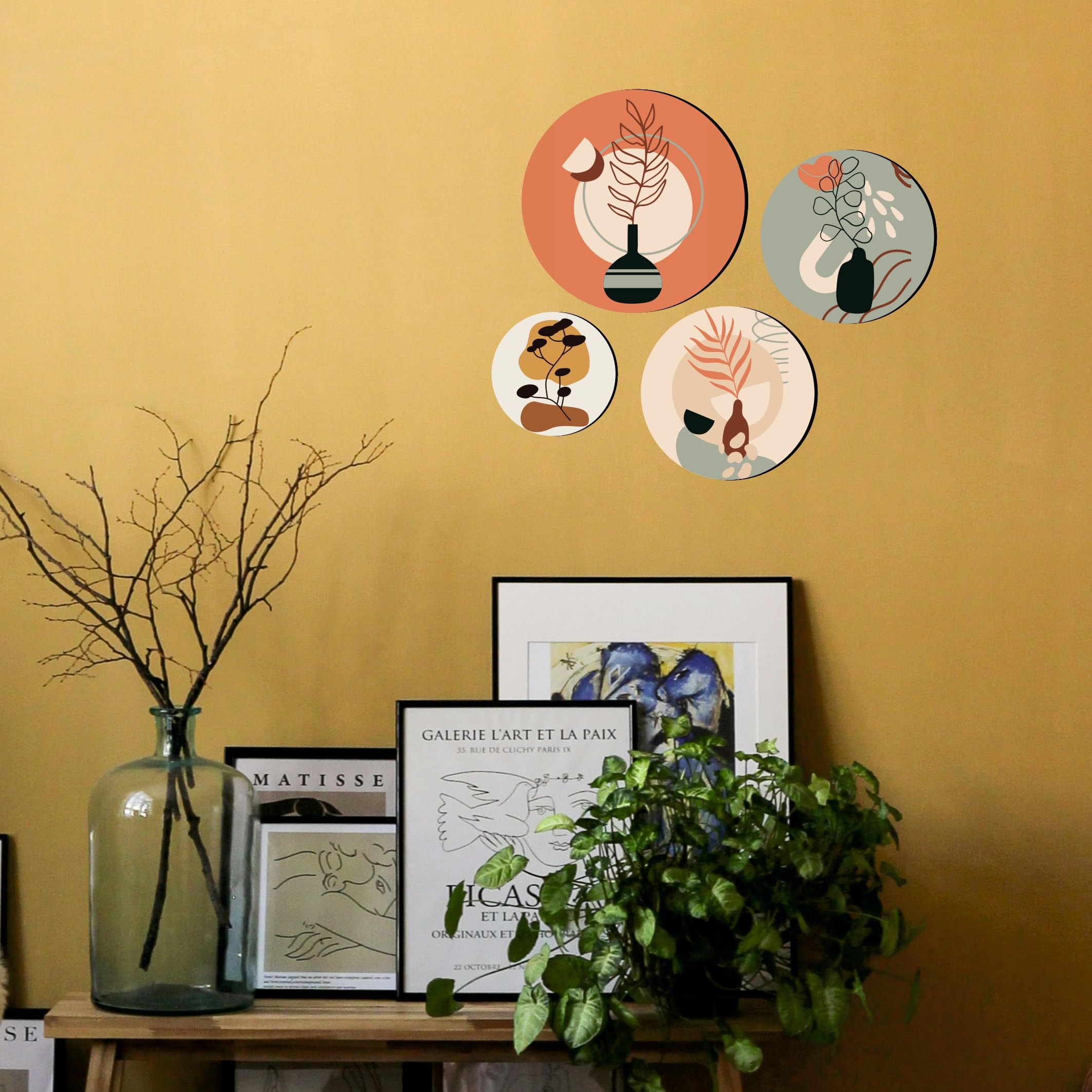 Giftplease Round Shape Elegant Wall Decoration Art - Handcrafted Traditional Wooden Decor Piece (Set Of 4 | Pattern-14)