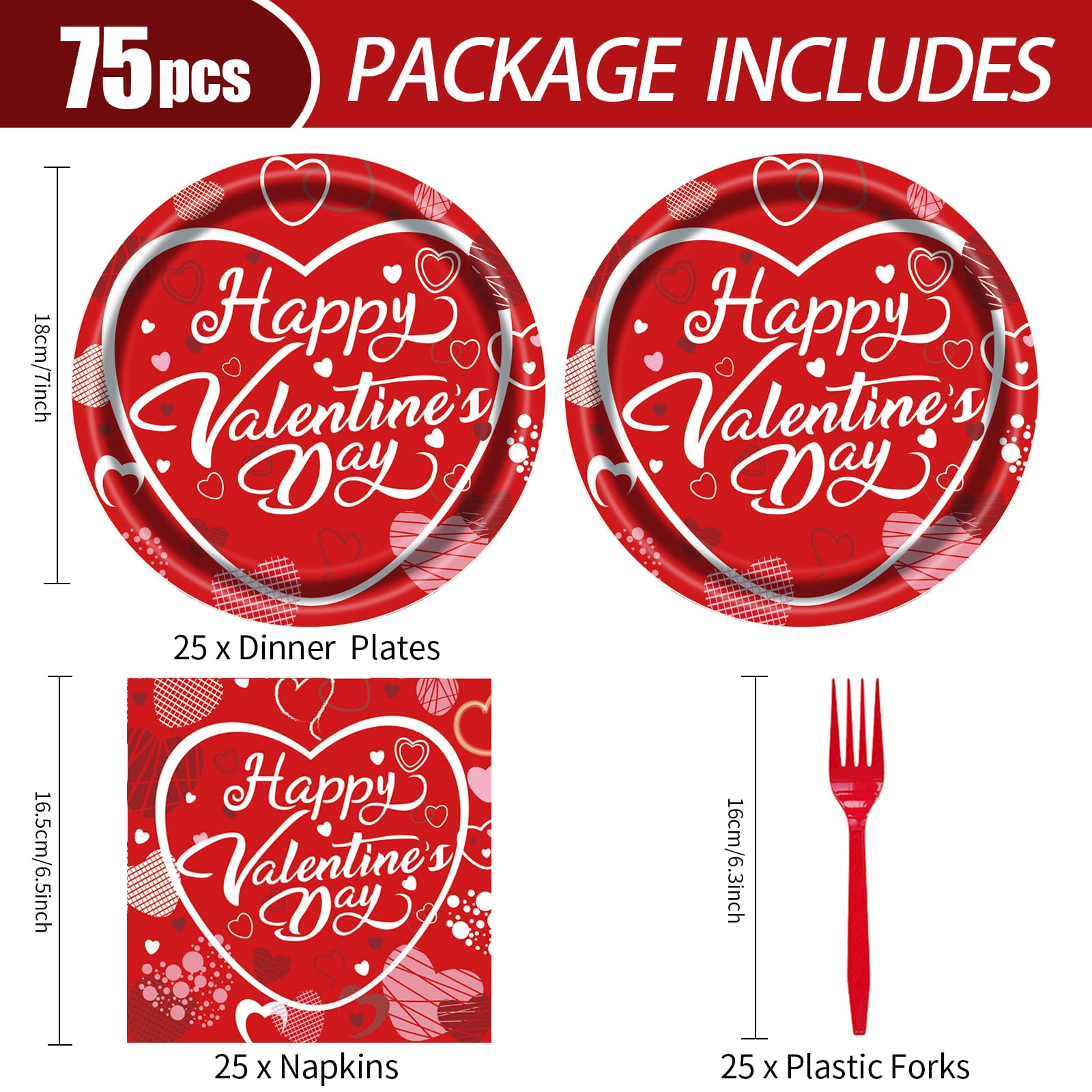 Evyienen 75 Pcs Valentine'S Day Paper Plates And Napkins Party Supplies,Red Disposable Paper Plates Napkins And Forks Party Hear