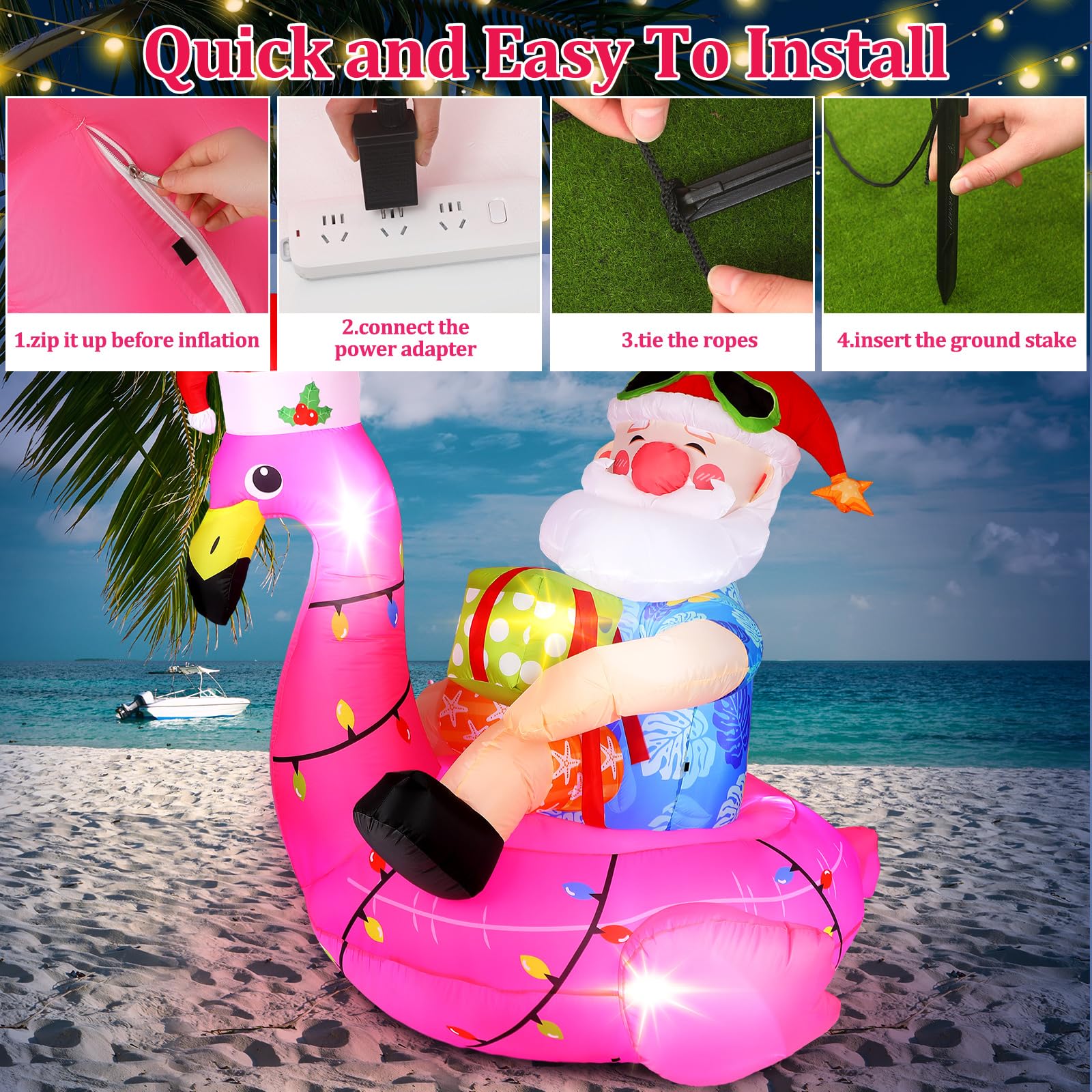 Christmas Inflatable Outdoor Yard Decoration 5ft Hawaiian Santa Claus on Flamingo Inflatable Decoration with LED Light Christmas
