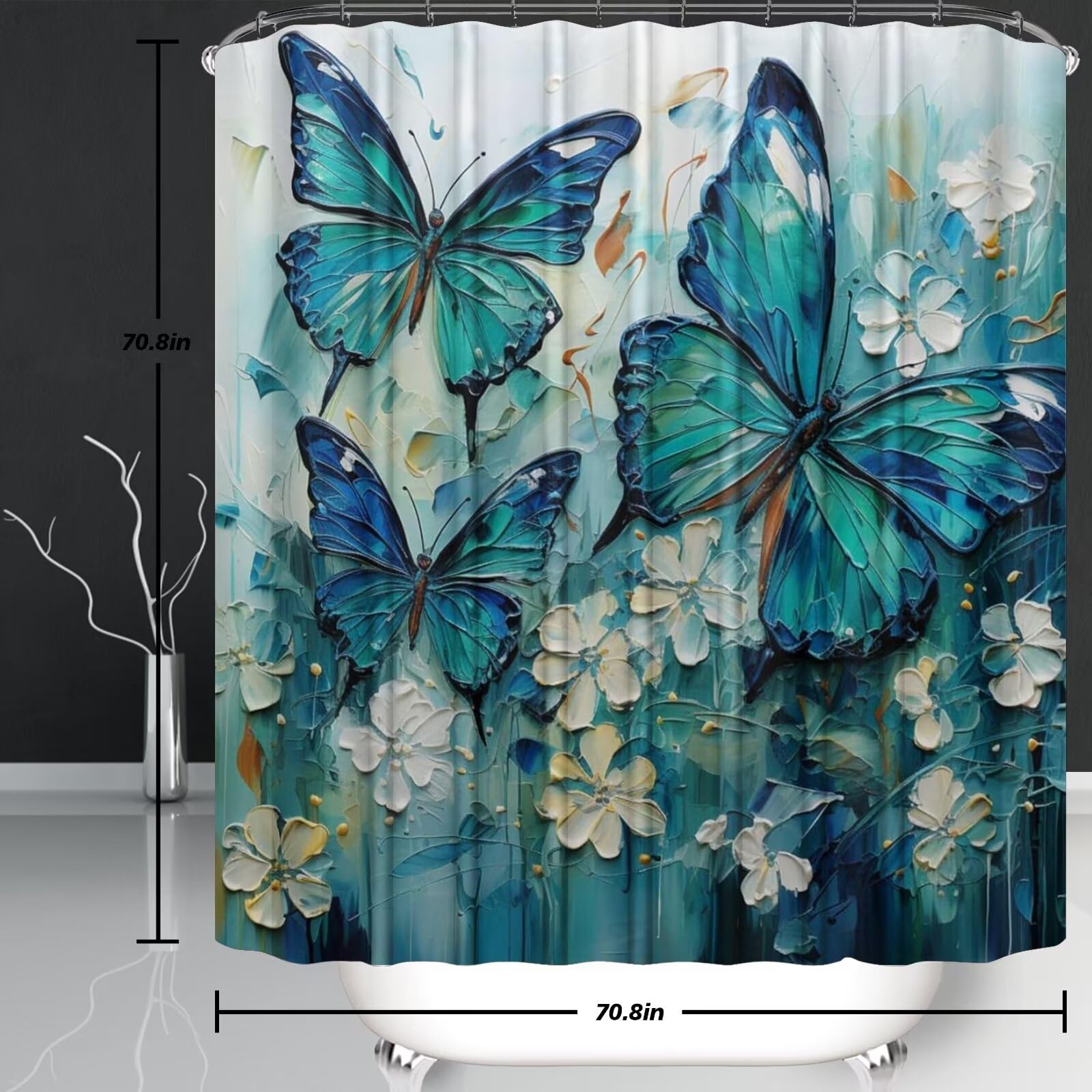 Pretyw 4 Pcs Green Blue Butterfly Shower Curtain Set With Non-Slip Rugs White Flowers Oil Painting Boho Bathroom Set Bathroom Ca