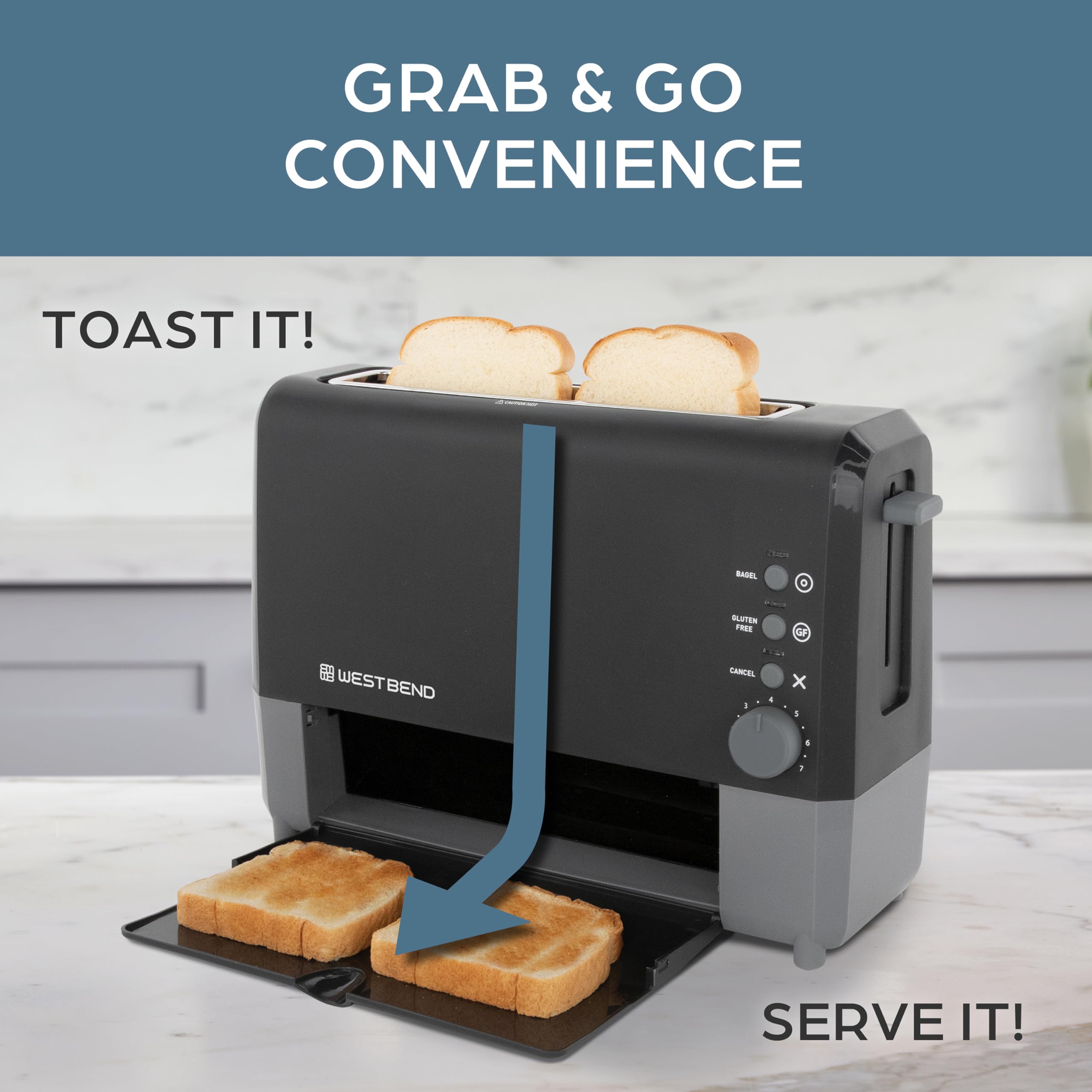 West Bend QuikServe Toaster 2-Slice, Black, Bagel & Gluten-Free Settings, 1400-Watts, Cool-Touch Exterior, Model 77224