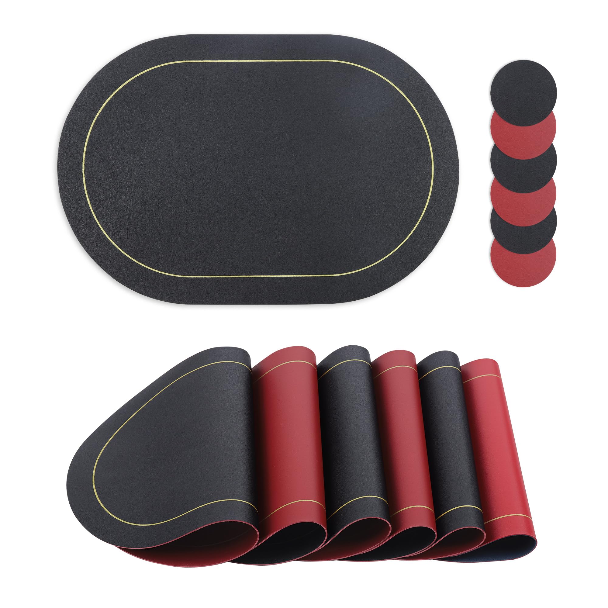 Fanquare Faux Leather Oval Placemats And Coasters Set Of 12 Double-Sided Color Placemat And Small Round Coaster Waterproof Table