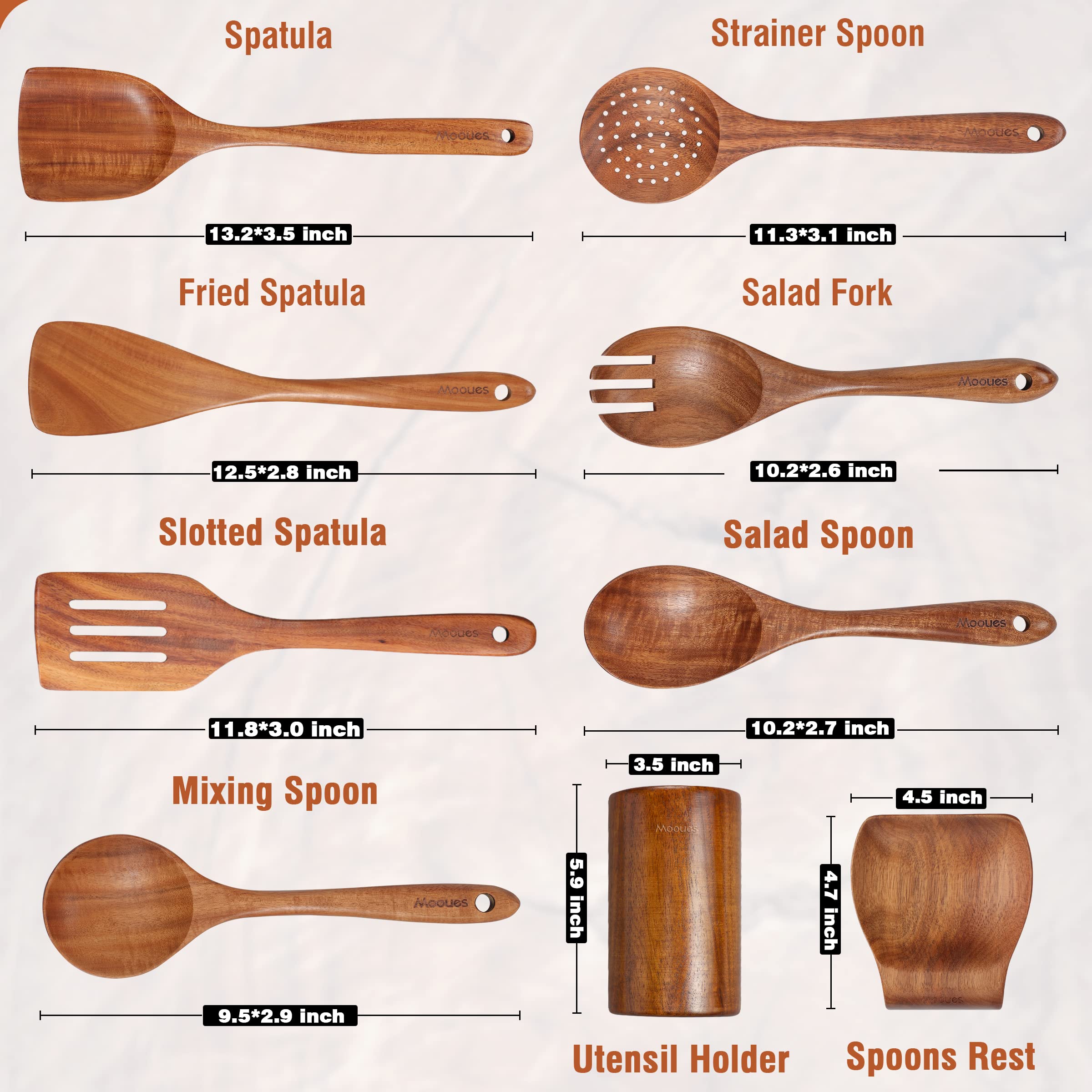 Mooues 9 Piece Natural Teak Wooden Kitchen Utensil Set With Spoon Rest - Comfort Grip Cooking Spoons And Utensils Holder
