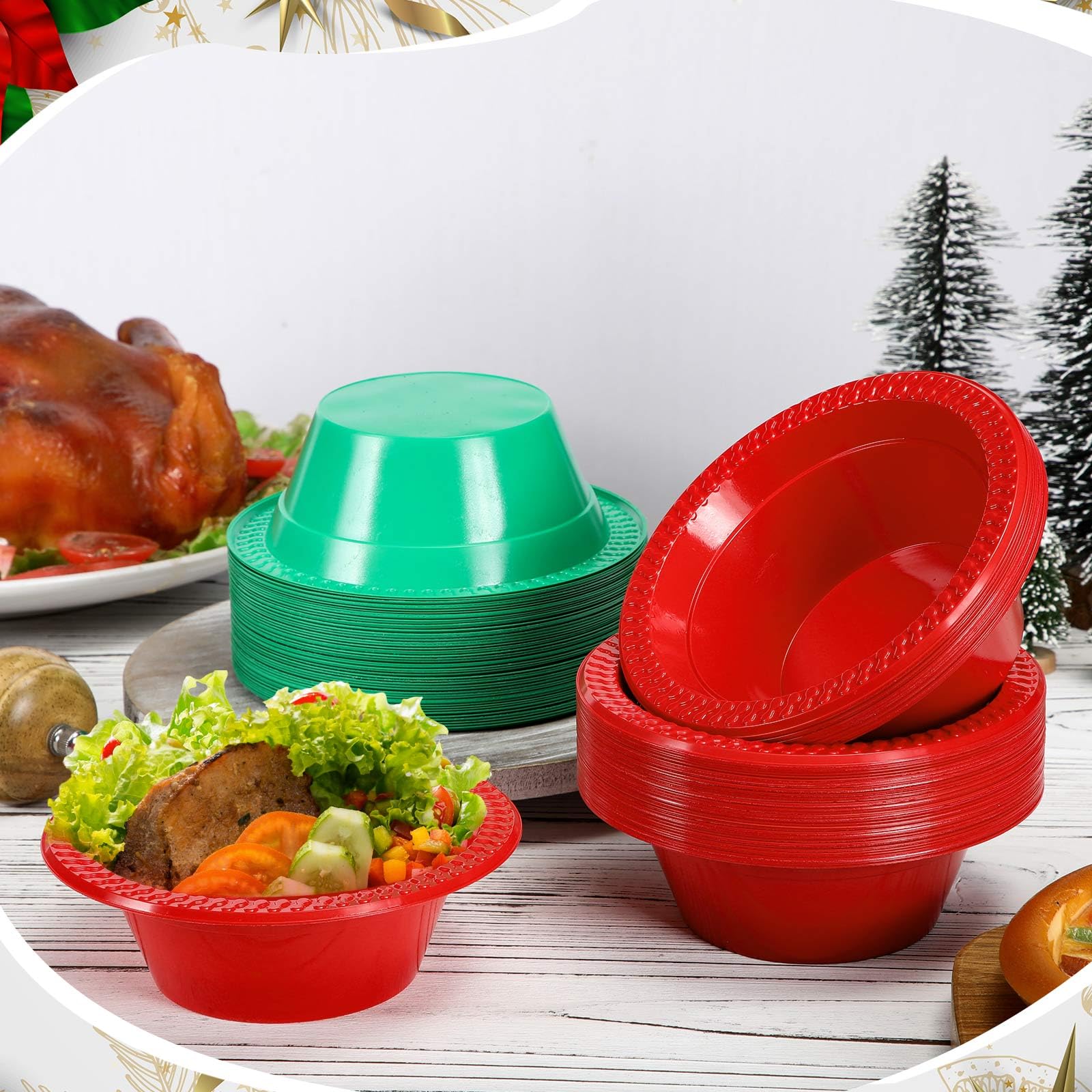 Layhit 100 Pcs Valentines Day Christmas Disposable Plastic Bowls 12 oz Soup Dessert Salad Bowl Candy Snack Plate Serving Suppli