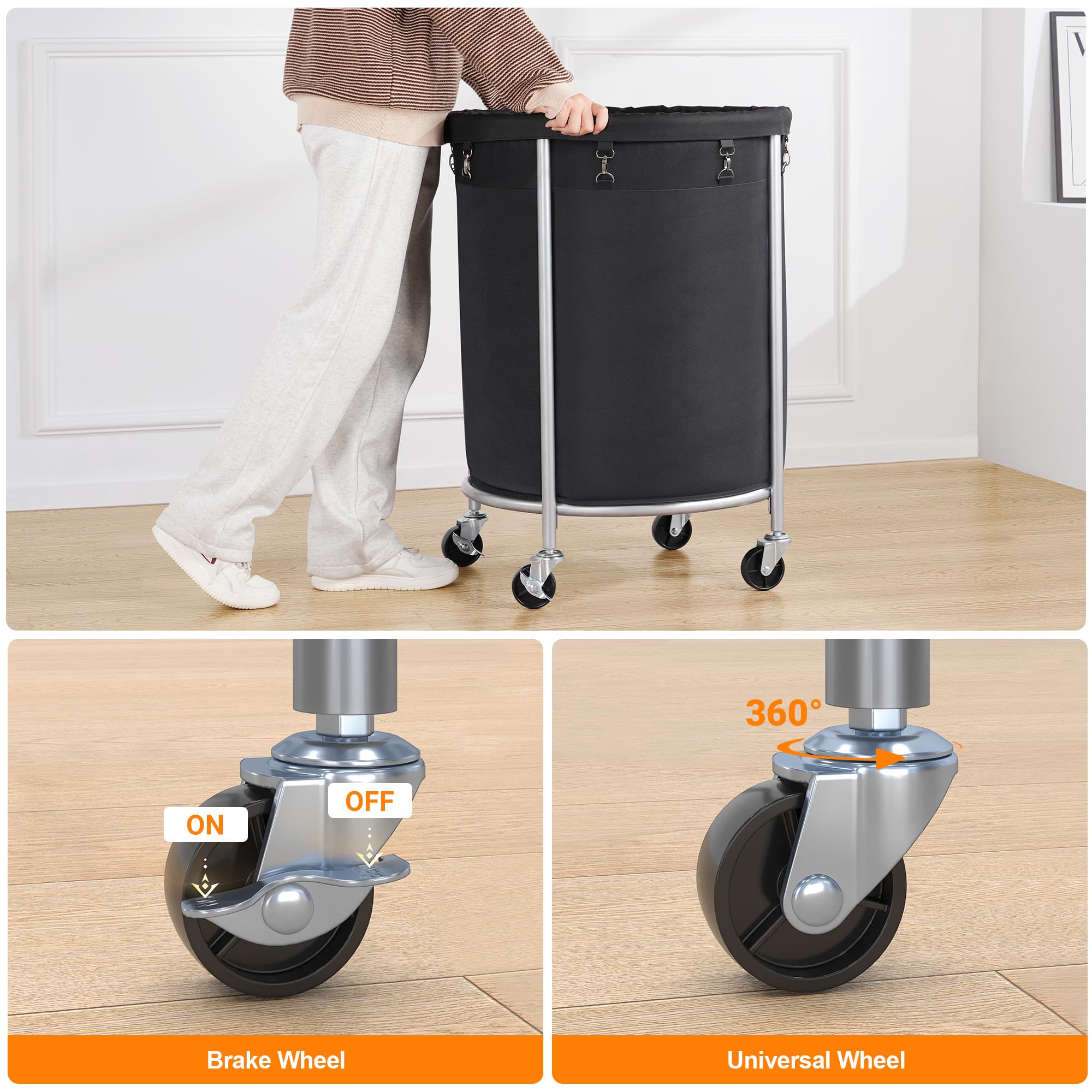 Elyken Laundry Hamper On Wheels, 23.6'' Diameter 170L Large Capacity Laundry Basket With Removable Liner Bag, Easy Rolling Cloth
