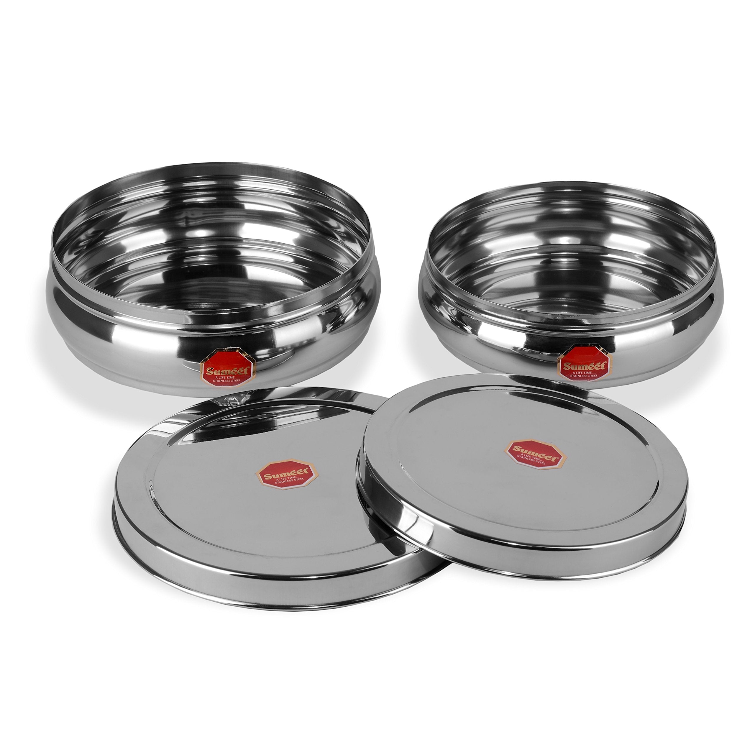 Sumeet Stainless Steel Belly Shape Flat Canisters/Puri Dabba/Storage Containers Set Of 2Pcs (No. 11 & No.12)(18.4Cm & 20.5Cm Dia