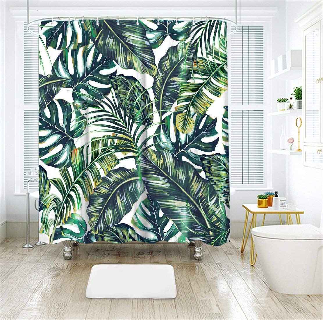 Livilan Green Shower Curtain, Tropical Shower Curtain, Plant Shower Curtain, Leaf Shower Curtain, Botanical Shower Curtain Set W