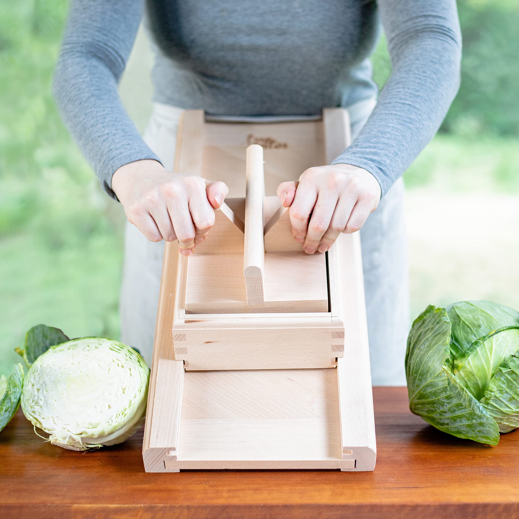 Raw Rutes -Traditional Wooden Cabbage Shredder Slicer With Hand Guard For Finely Cut Sauerkraut And Coleslaw - Heirloom Quality