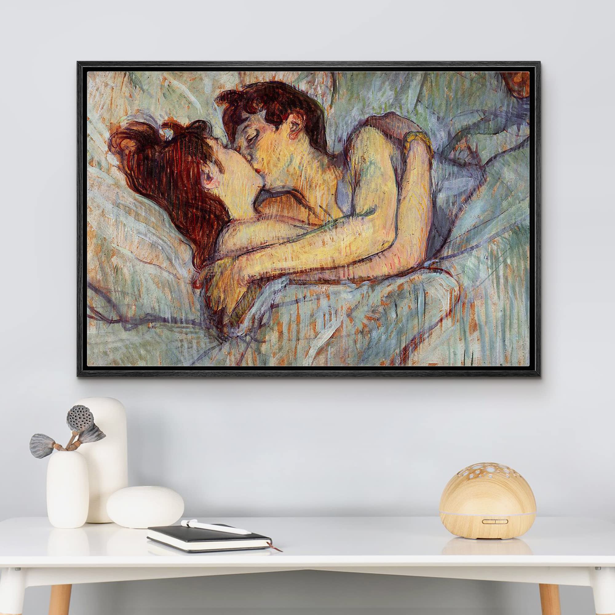 Wall26 - In Bed The Kiss By Henri De Toulouse-Lautrec - Framed Canvas Print Wall Art Famous Painting Reproduction - 24''X36'' Bl