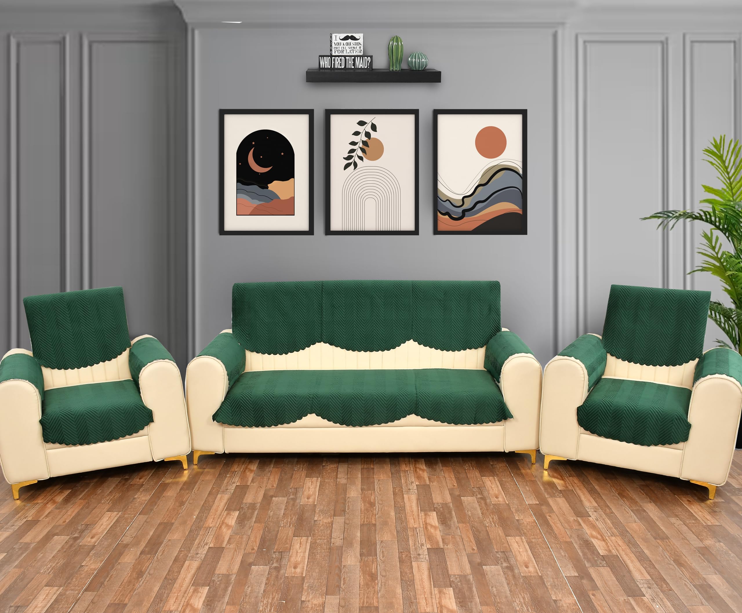 Yellow Weaves Velvet 5 Seater Quilted Sofa Cover And Chair Cover With Arm Cover, Seat & Back Cover, Color - Dark Green