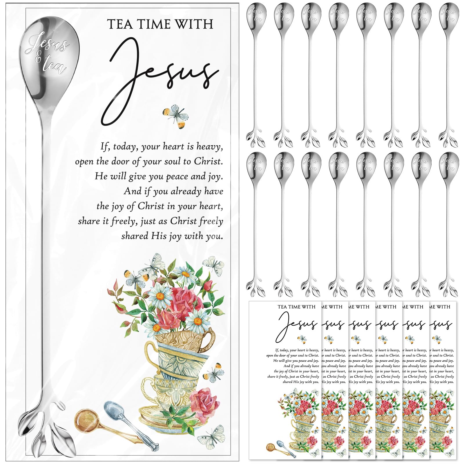 Skybooly 15 Sets Christian Tea Party Favors Jesus Teaspoons with Prayer Cards 6.5 Coffee Spoons Souvenirs for Tea Party Church M