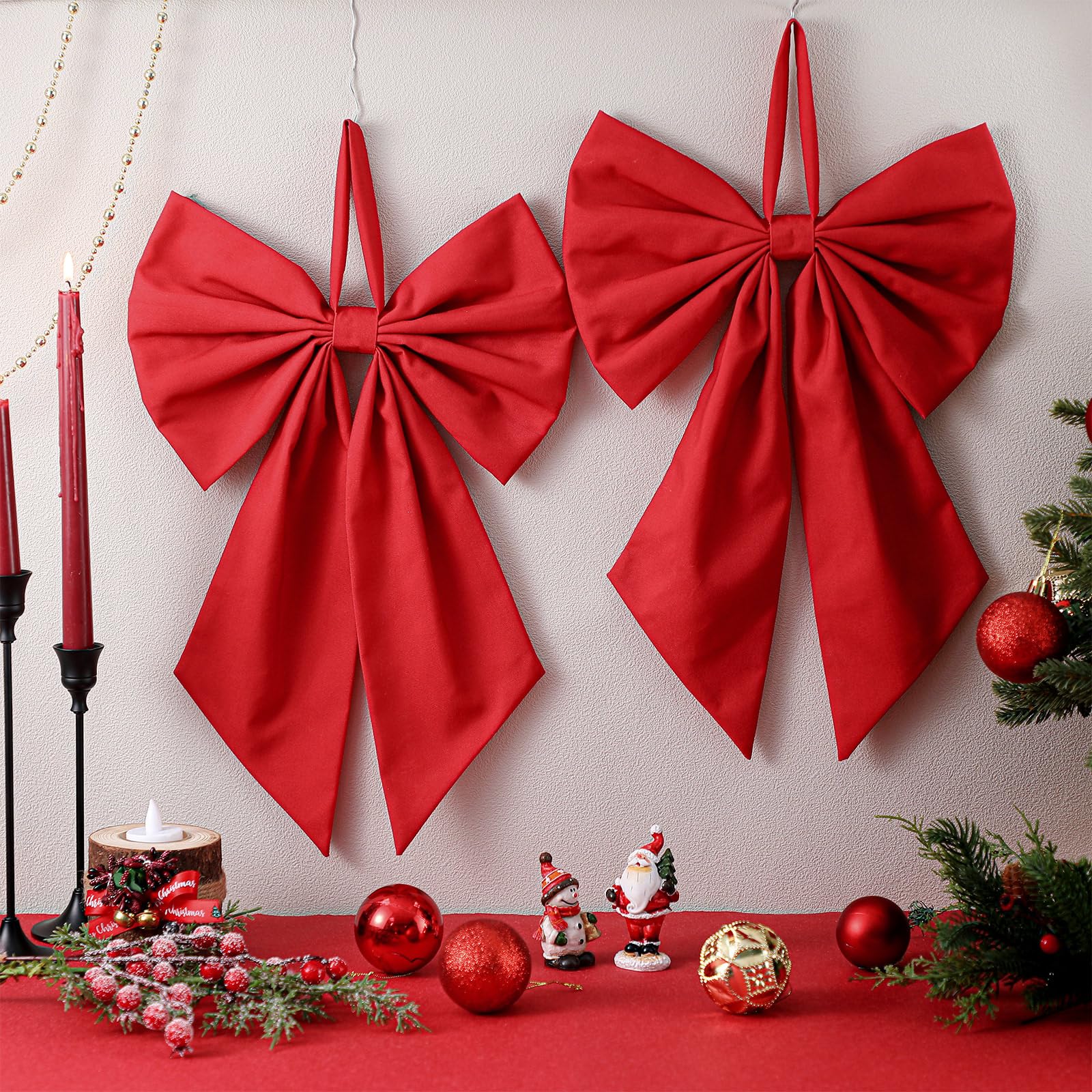 Suncalla 2 Pcs Red Christmas Wreath Bow 19.6 x 11.8 Large Burlap Wreath Sash Christmas Tree Topper Ornament Bow for Front Do