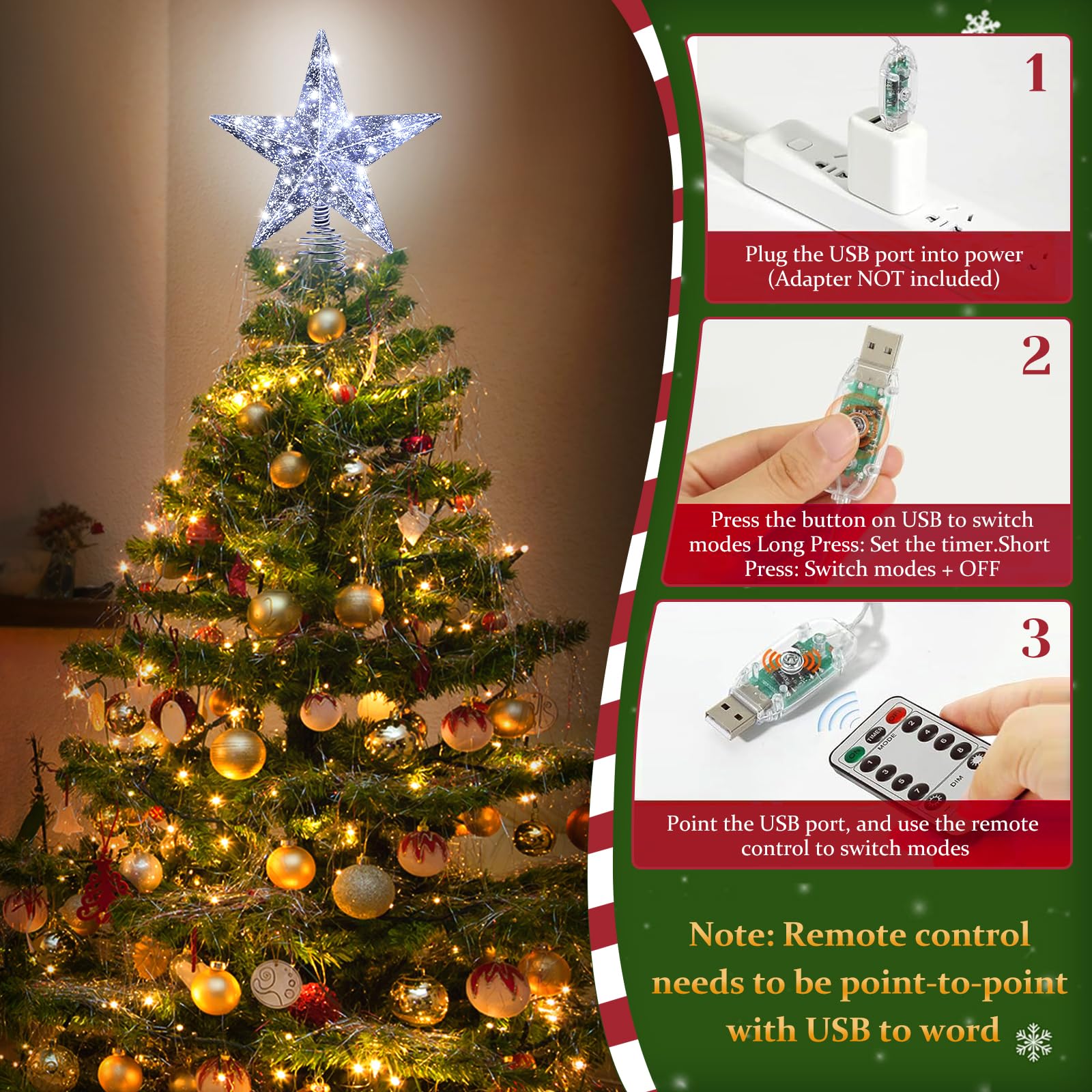 Silver Christmas Tree Star Topper with Lights, 8.5-Inch Light-Up Christmas Tree Topper with Remote Control, 4 Brightness Levels