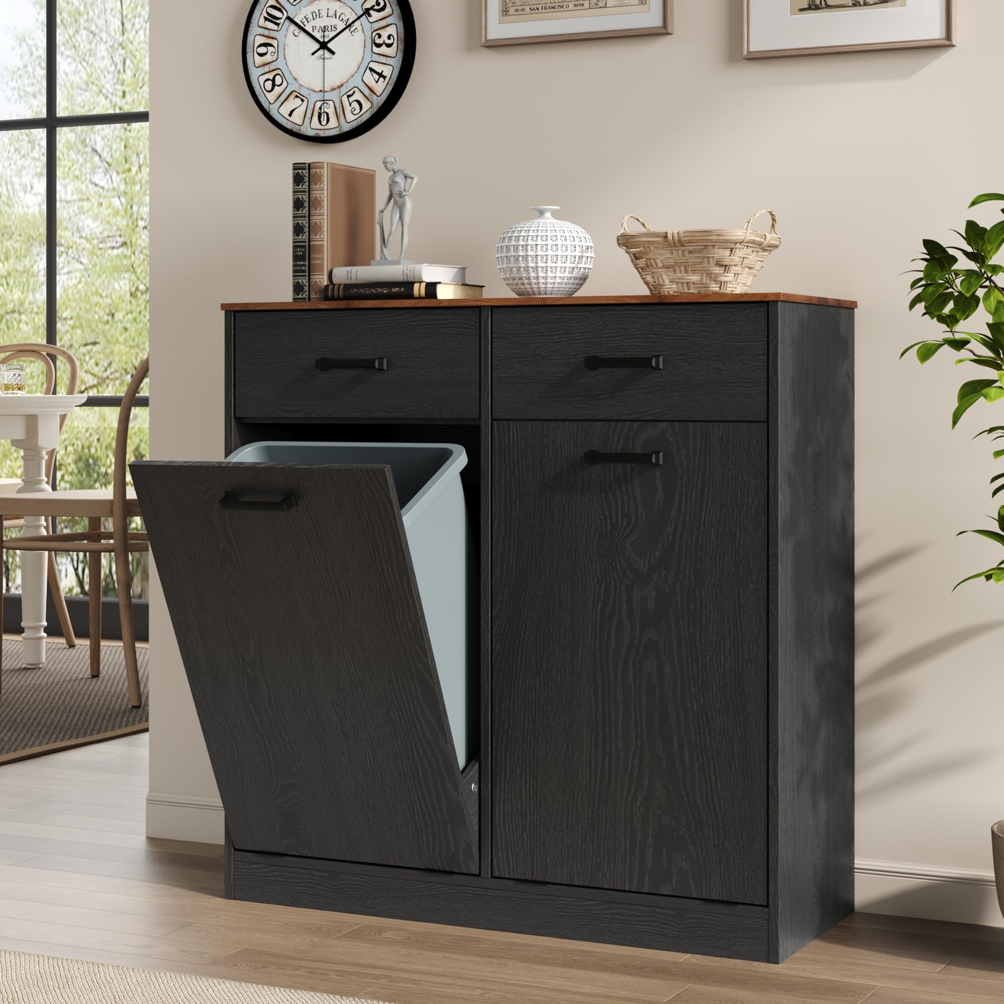 MHOM Farmhouse Double Tilt Out Trash Can Cabinet fits 10 Gallon Trash Bin, Kitchen Recycling Cabinet with 2 Drawers, Hidden Tras